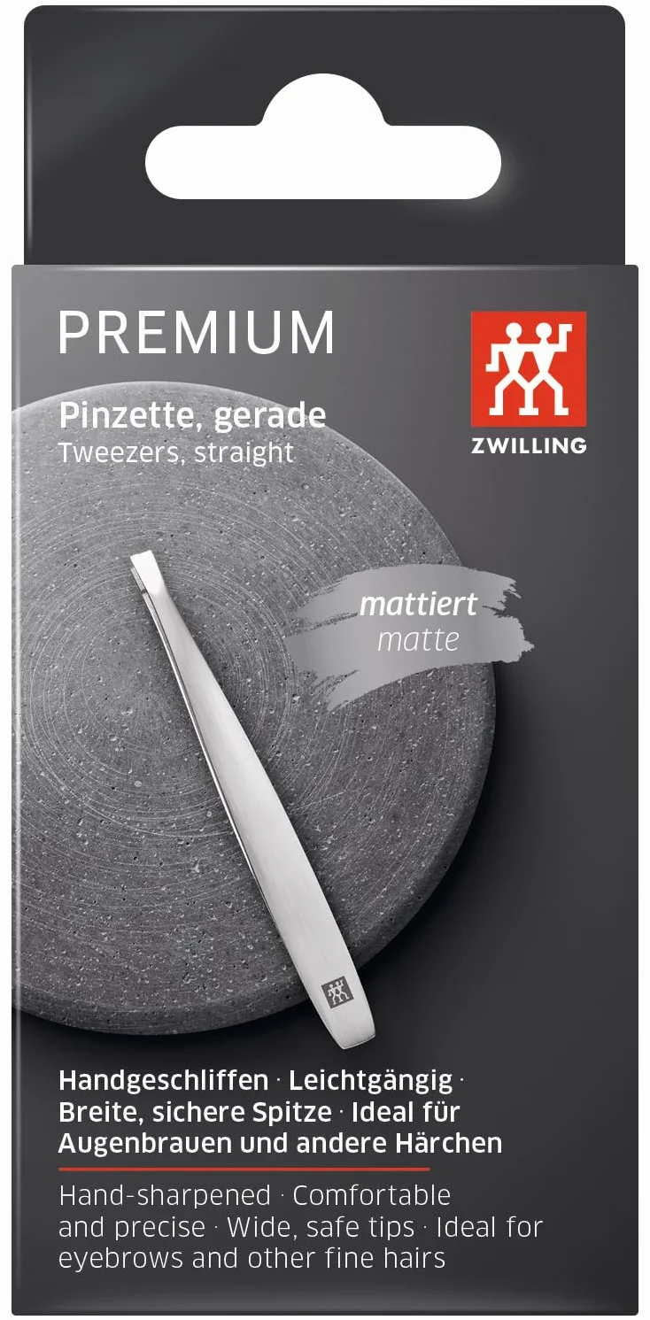 ZWILLING Pęseta prosta (do wyrywania brwi, chropowate, skalibrowane końcówki, hipoalergiczna), premium, srebrna, 90 mm