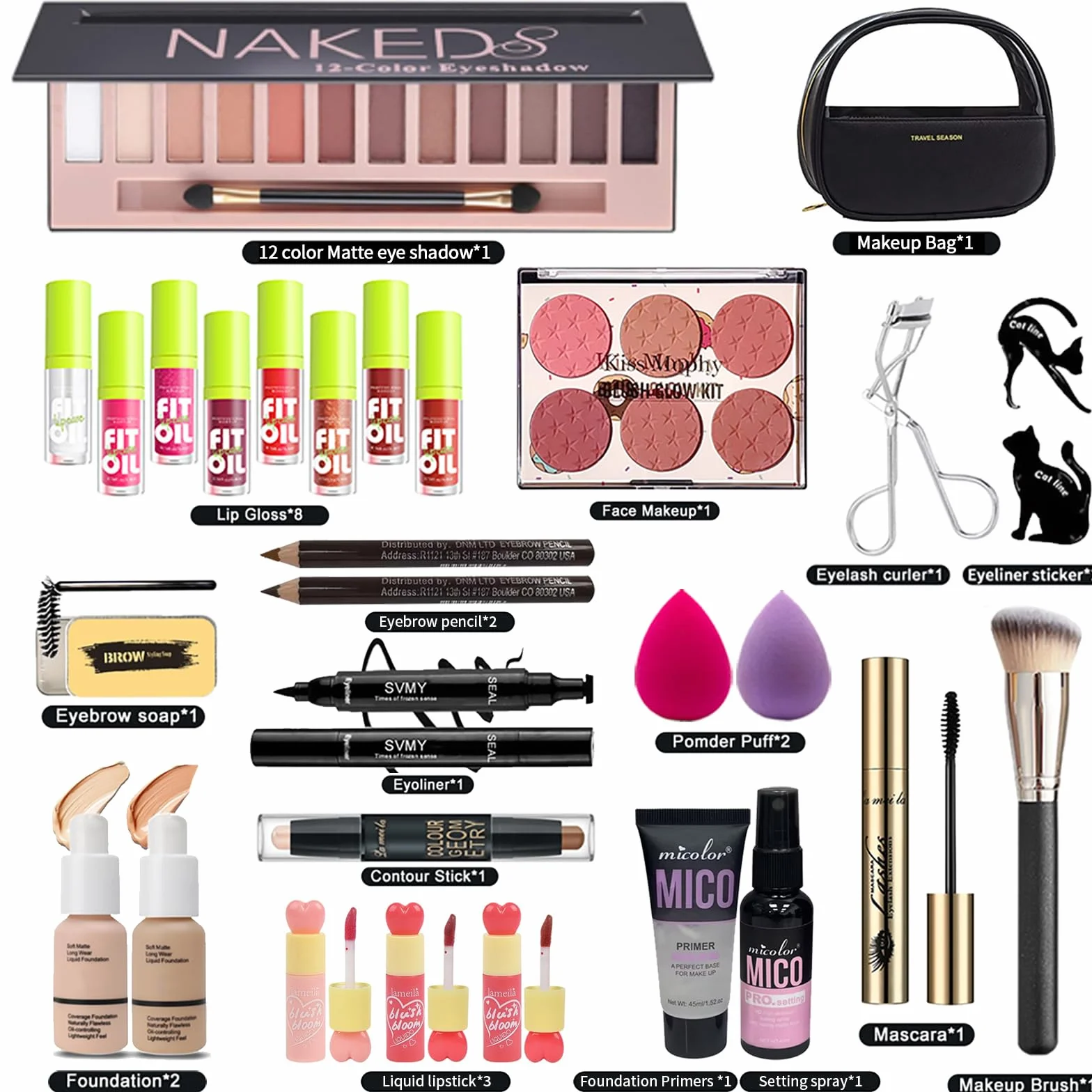 Kompletny zestaw do makijażu dla kobiet i początkujących, cień do powiek, podkład, szminka, eyeliner, tusz do rzęs, mydło do brwi, zestaw upominkowy dla kobiet i nastolatek