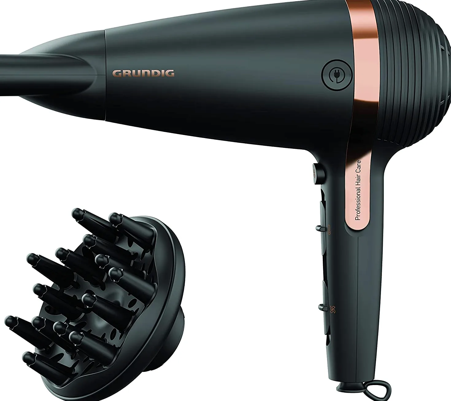GRUNDIG Naturashine HD 7081 suszarka do włosów z funkcją joniki, ceramiczna ochrona, dysza do stylizacji Cool Touch, 2100 W, 3 poziomy temperatury i 2 poziomy przepływu powietrza, poziom zimna,