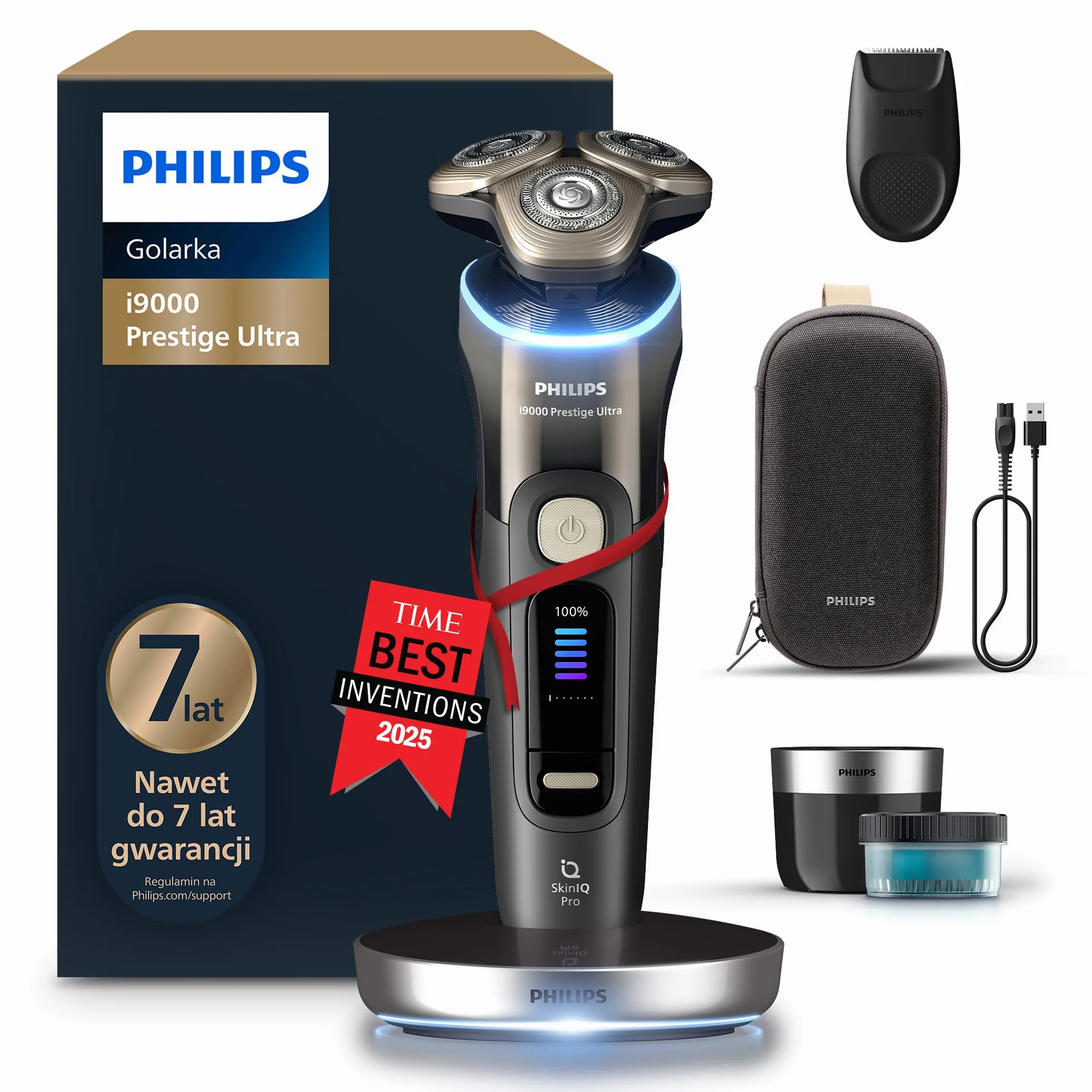 Philips Shaver i9000 Prestige Ultra, golarka elektryczna do golenia na sucho i mokro z technologią Skin IQ Pro, System Triple Lift & Cut, obrotowe 360º ostrza, 5 trybów golenia, Model XP9405/31