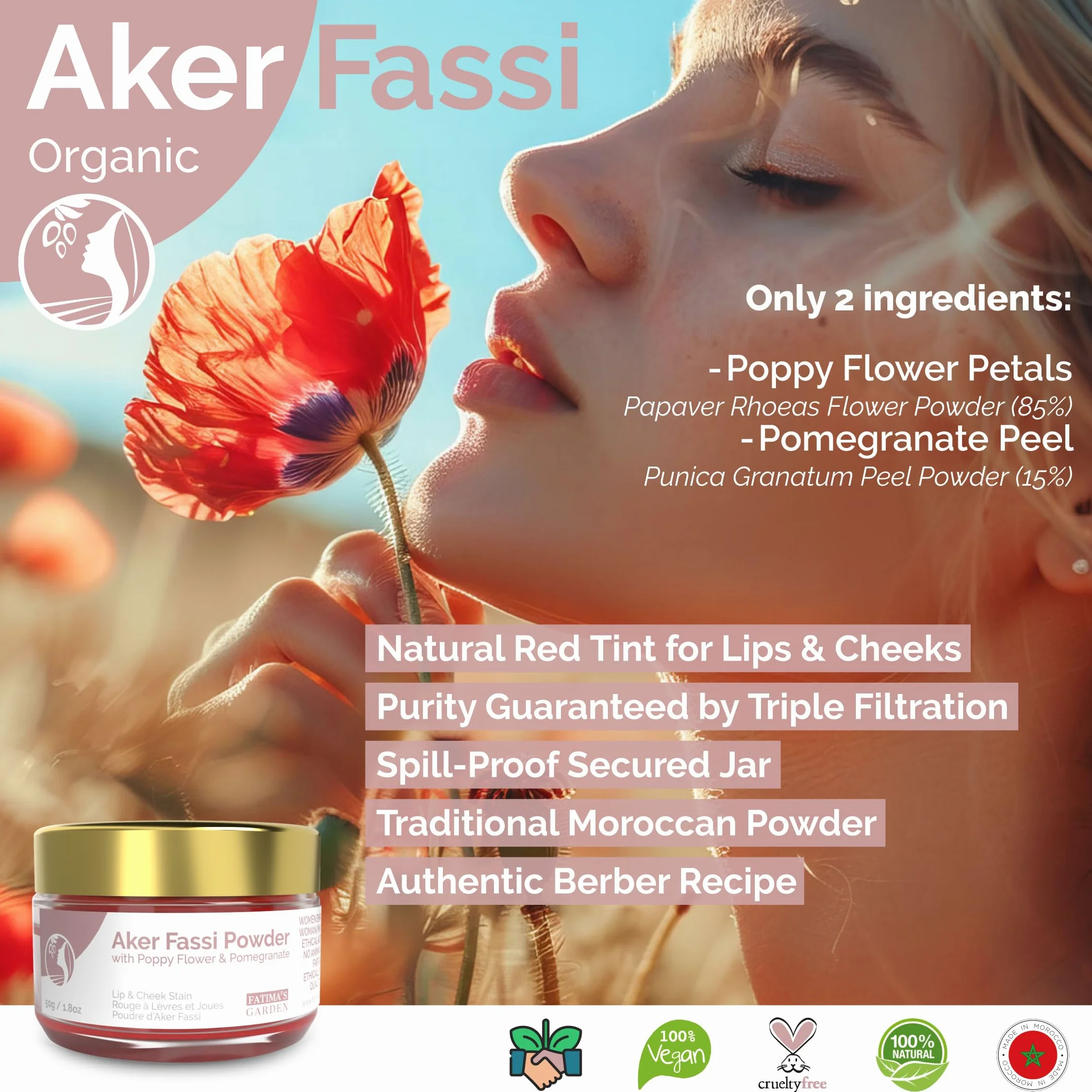 Fatima's Garden Naturalny Proszek Aker Fassi ze Skórką Granatu - Tradycyjna Marokańska Barwa do Ust i Policzków 50g
