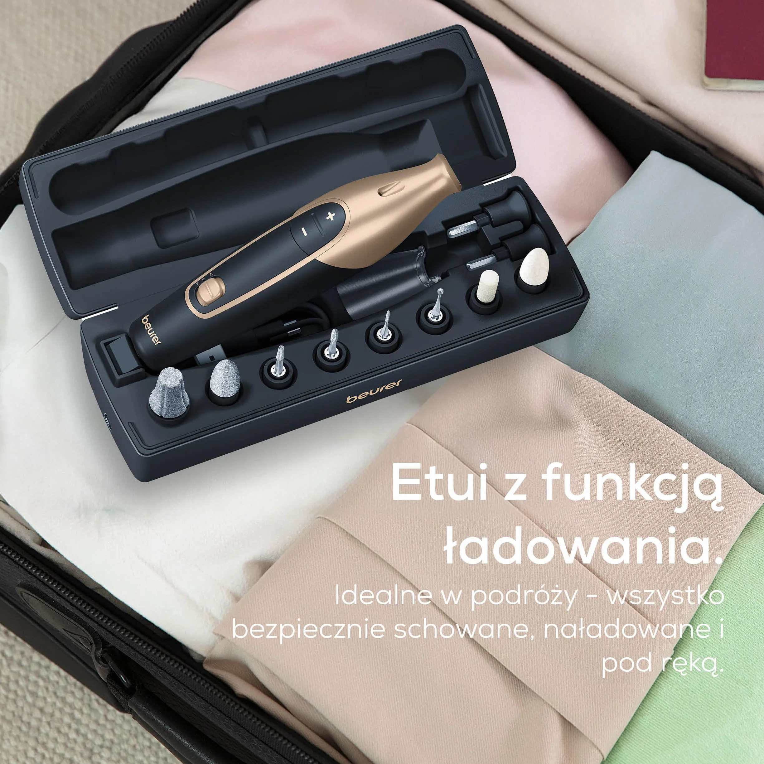 Beurer MP 84 Special Edition elektryczna frezarka do paznokci, zestaw manicure-pedicure, 10 nasadek, LED, etui, 4400 obr./min, czarny