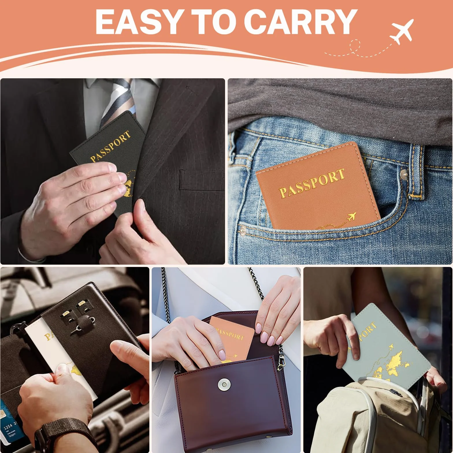 5 sztuk etui na paszport, skóra PU, 5 kolorów, etui na paszport z przegródkami, etui na karty biletowe, karty pokładowe, karty kredytowe, wizytówki