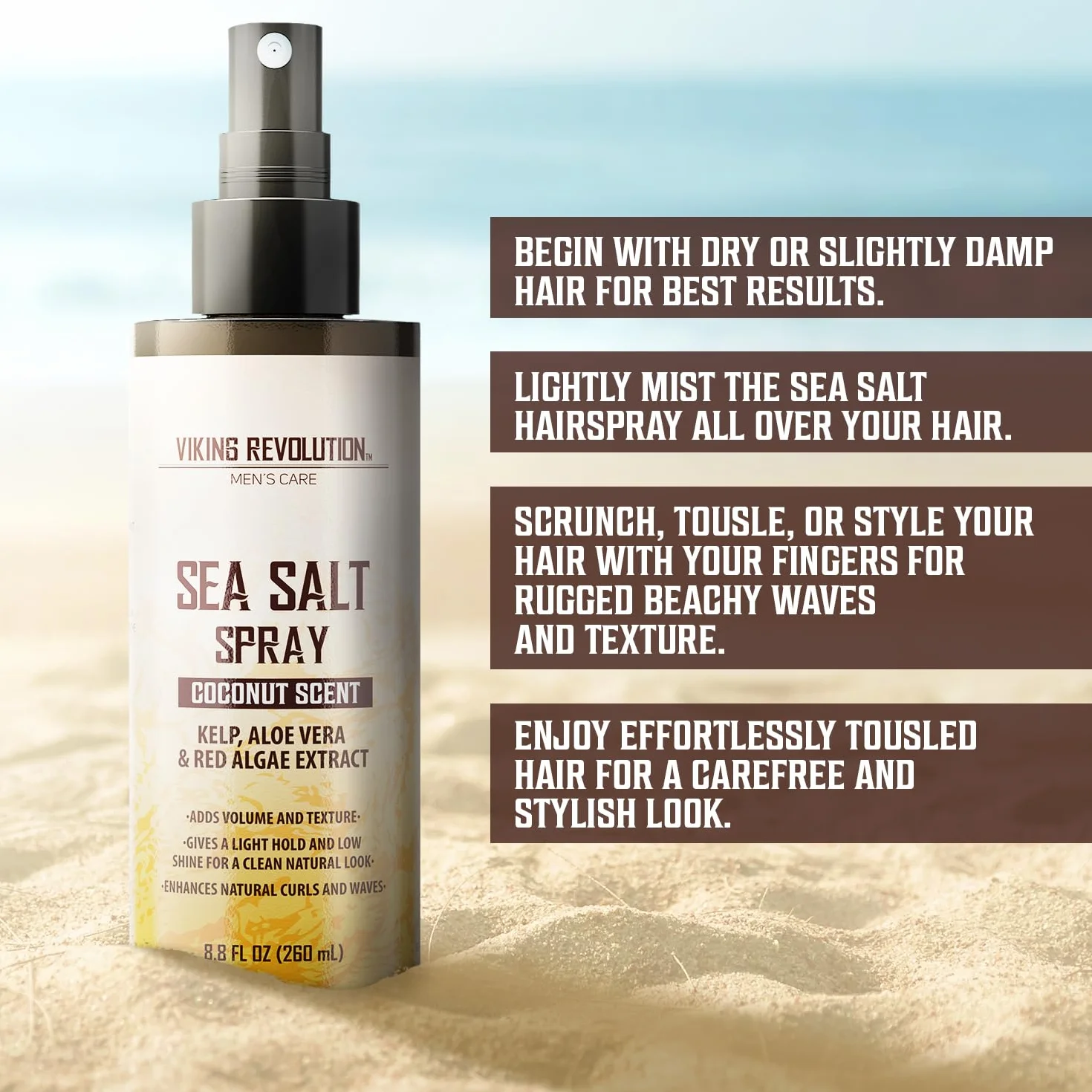 Viking Revolution - Sea Salt Spray Hair Men - Zapach kokosowy - Z wodorostami, aloesem i czerwonymi wodorostami - Spray z soli morskiej dla mężczyzn - Objętość i konsystencja - 260 ml