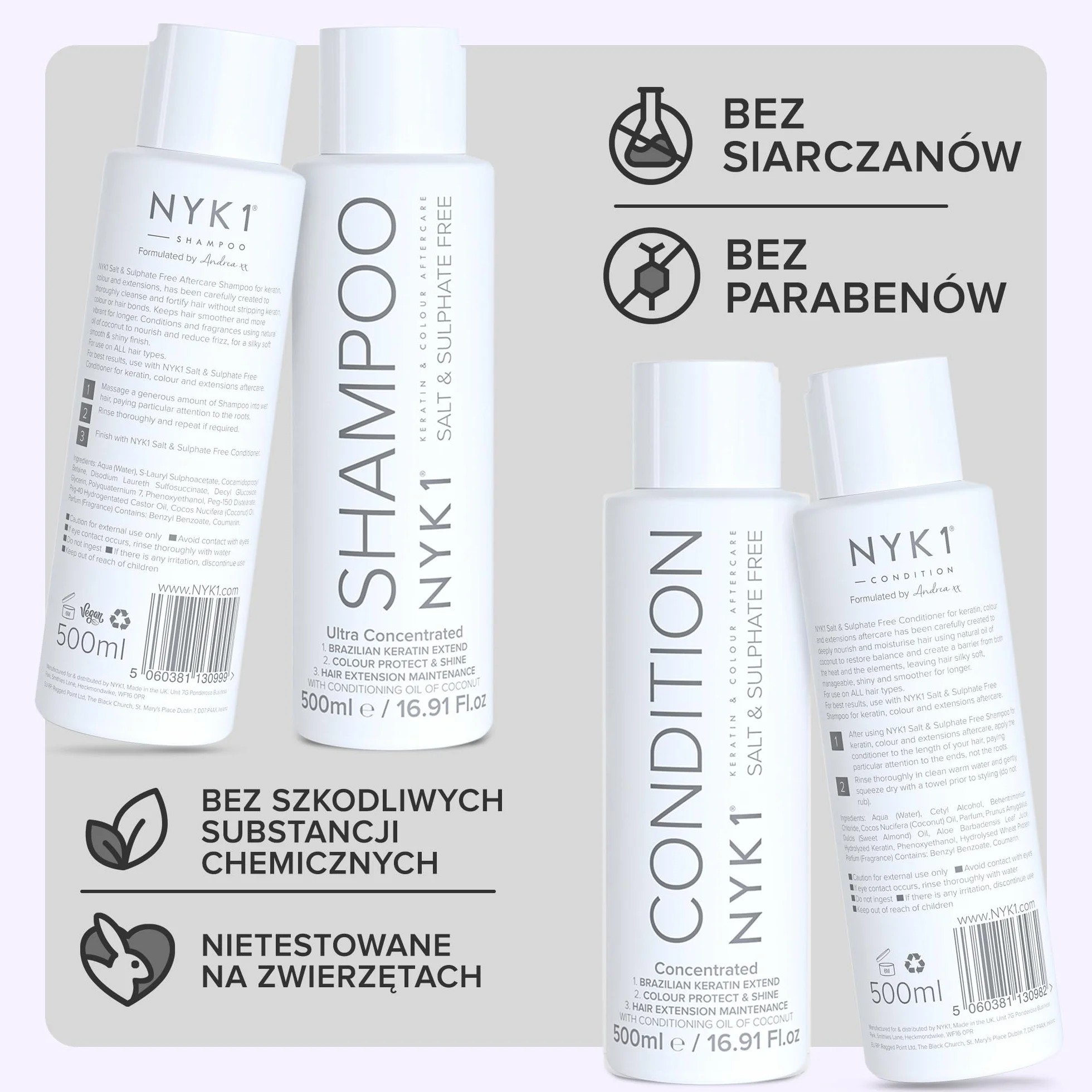 Szampon I Odżywka Bez Soli Siarczanu (500ml x2) Szampon & Odżywka Bez Siarczanów Zestawy Do Pielęgnacja Przedłużeń Koloru I Keratyny Leczenie - Szampon I Odżywka Bez Siarczanów I Parabenów