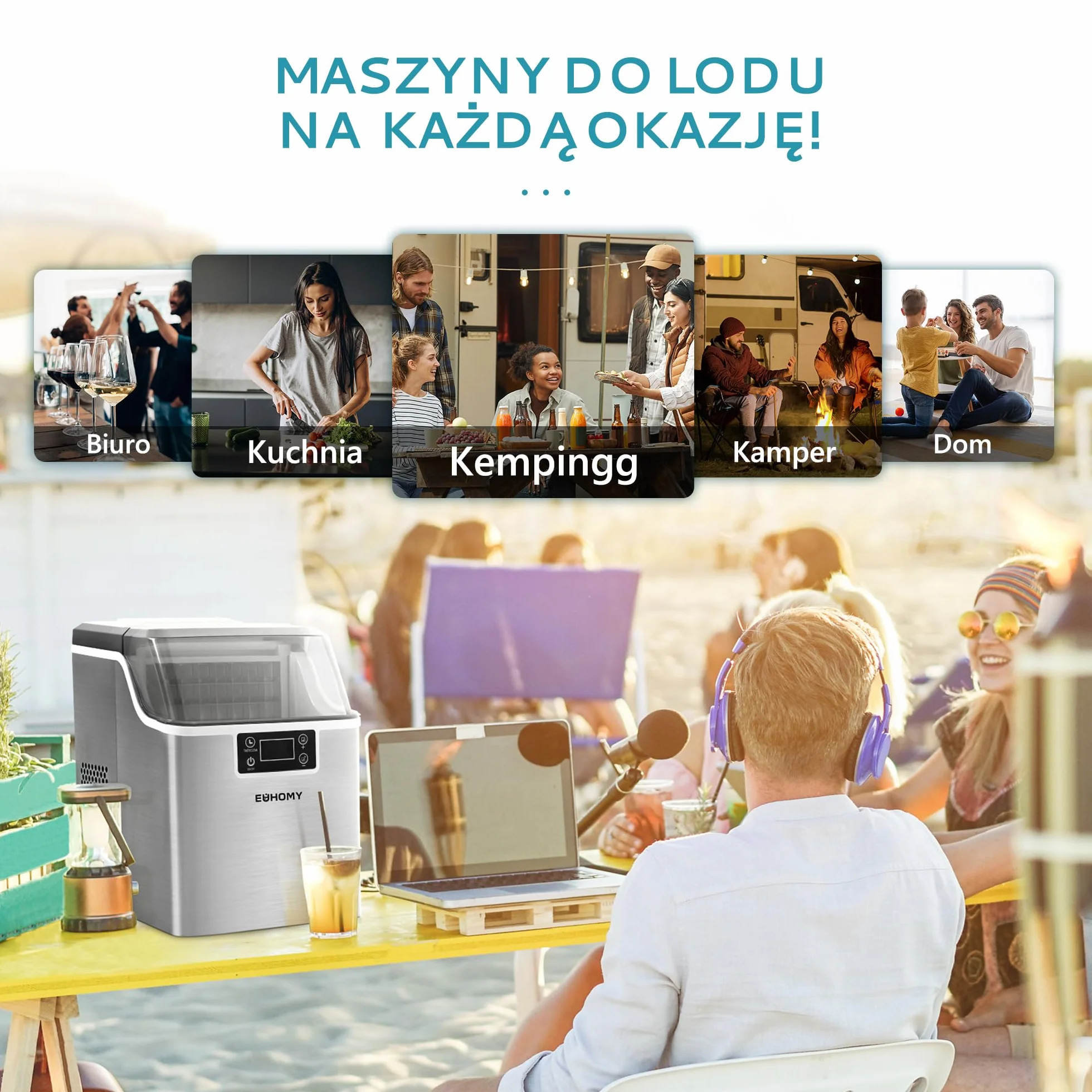 EUHOMY Kostkarka do lodu ze stali nierdzewnej, 24 kostki lodu w ciągu 13 minut, 24 kg/24 h, samoczyszcząca kostkarka do lodu 3,2 l, z szufelką do lodu i koszem, do domu, kuchni, biura, baru, kampera
