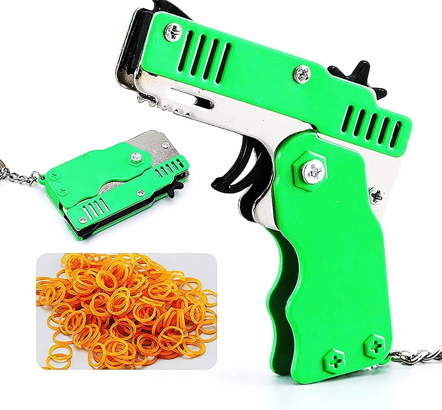 Mini pistolet na gumkę z metalu, składany, 6 strzałów z breloczkiem do kluczy i 60+ gumowymi taśmami, pistolet gumowy, mini metalowy składany brelok do kluczy, do strzelania, aktywności na świeżym