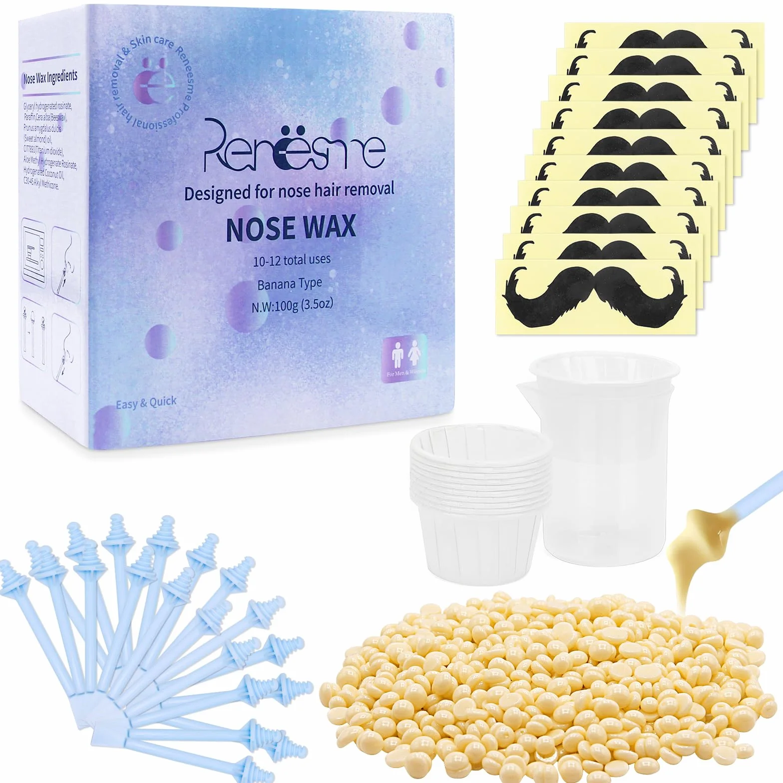 Nose Wax Kit, wosk do włosów w nosie, wosk do nosa z 100 g ziaren wosku, 20 pałeczek do włosów w nosie, 10 pojemników, 1 kubek z miarką 100 ml, 10 naklejek na brodę, wosk do usuwania włosów z