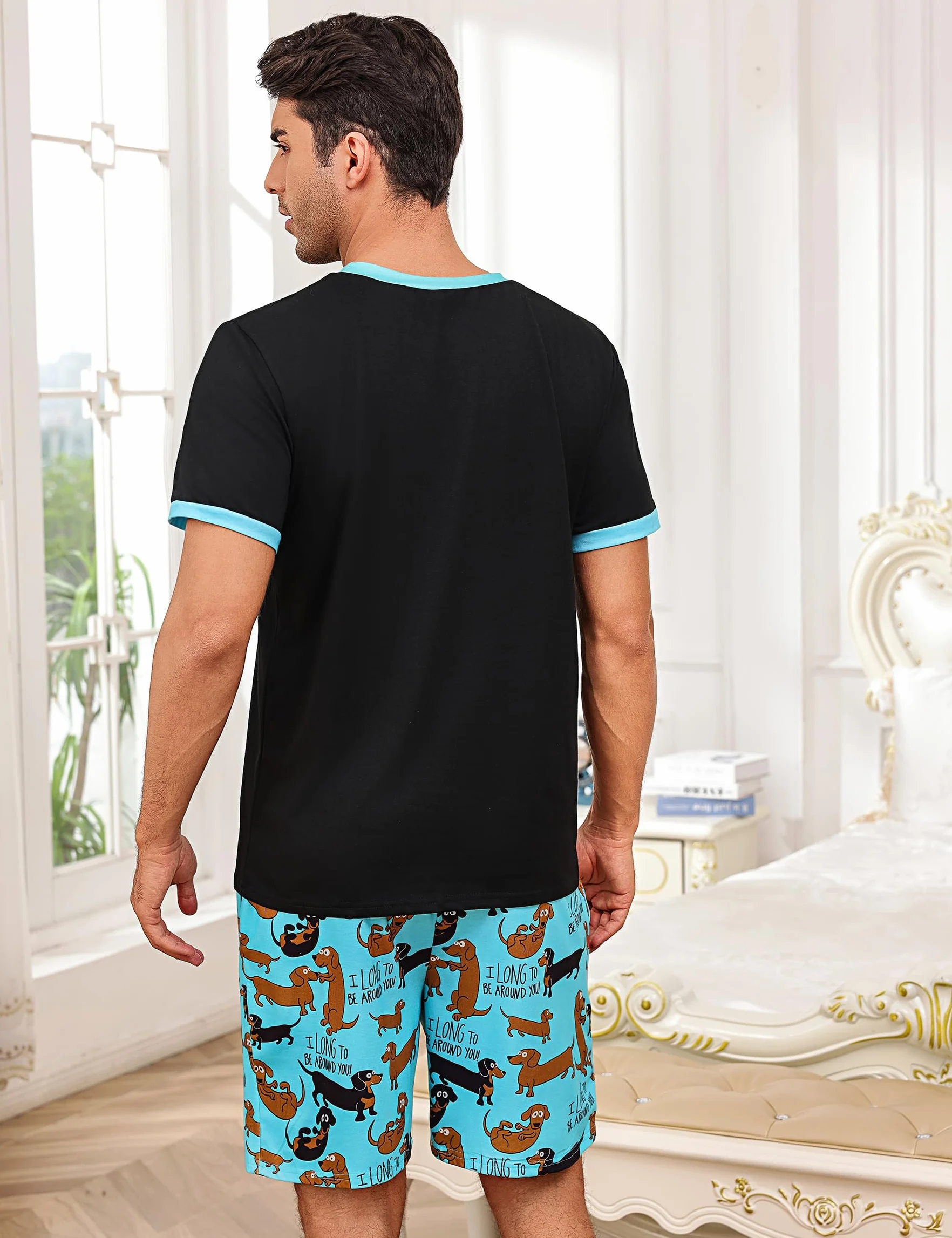 Demegimi Męska piżama krótka piżama bawełniana letnia bielizna nocna zabawny pies duckelhund t-shirt i spodnie piżamowe dla mężczyzn