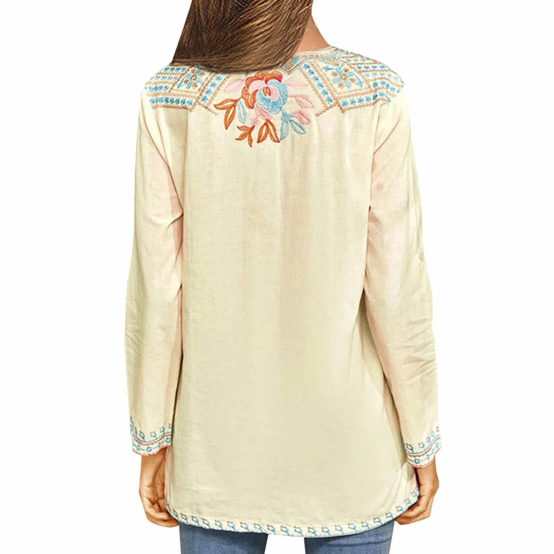Damskie boho haftowane topy z długim rękawem boho luźna tunika bluzki boho tunika hipisowska haftowane kwiaty luźny T-shirt rękaw rękawy puff guzik stójka kołnierz szyfon koszula