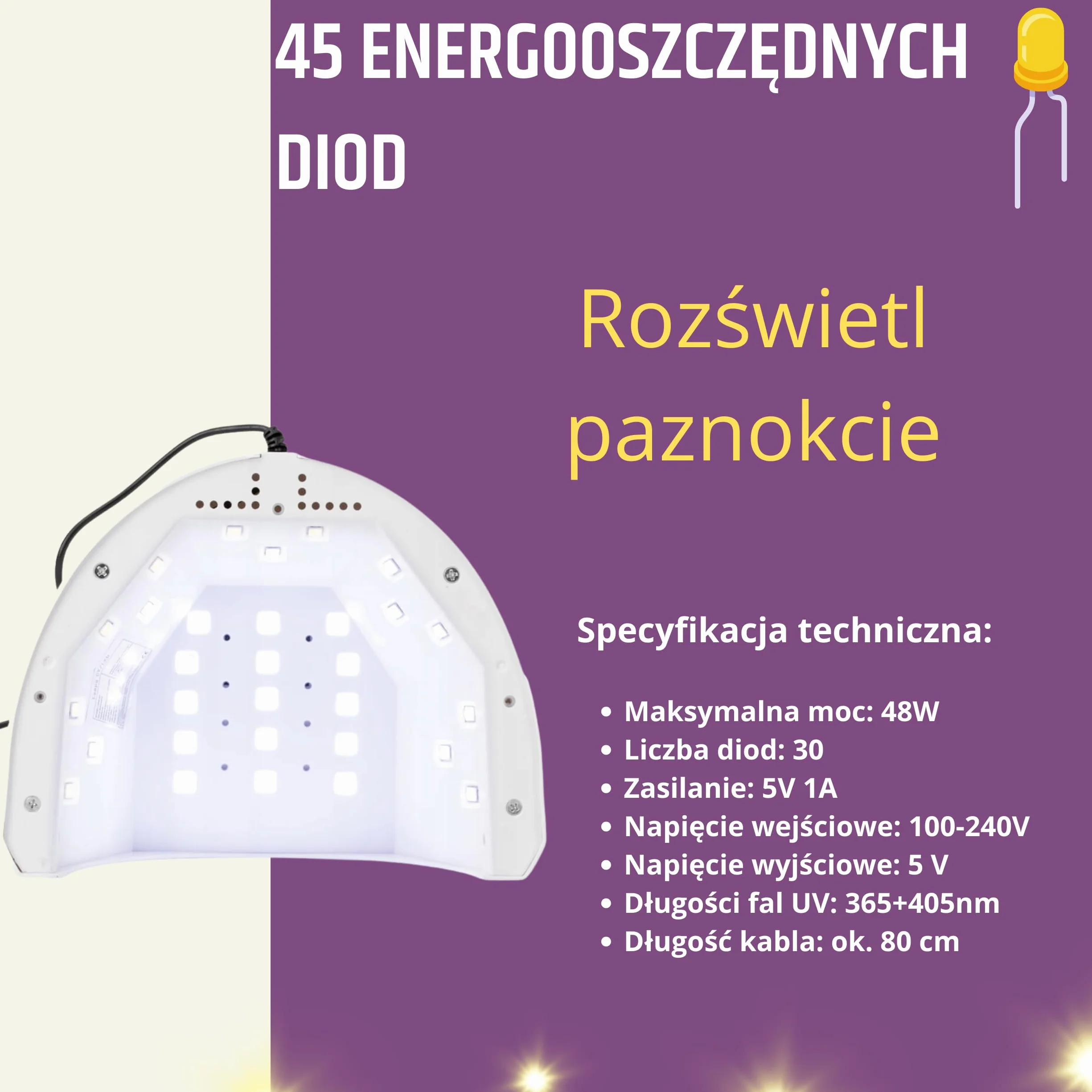 INLAQ lampa Dual UV/LED do paznokci hybrydowych 48 W biała wyświetlacz LCD trzy tryby
