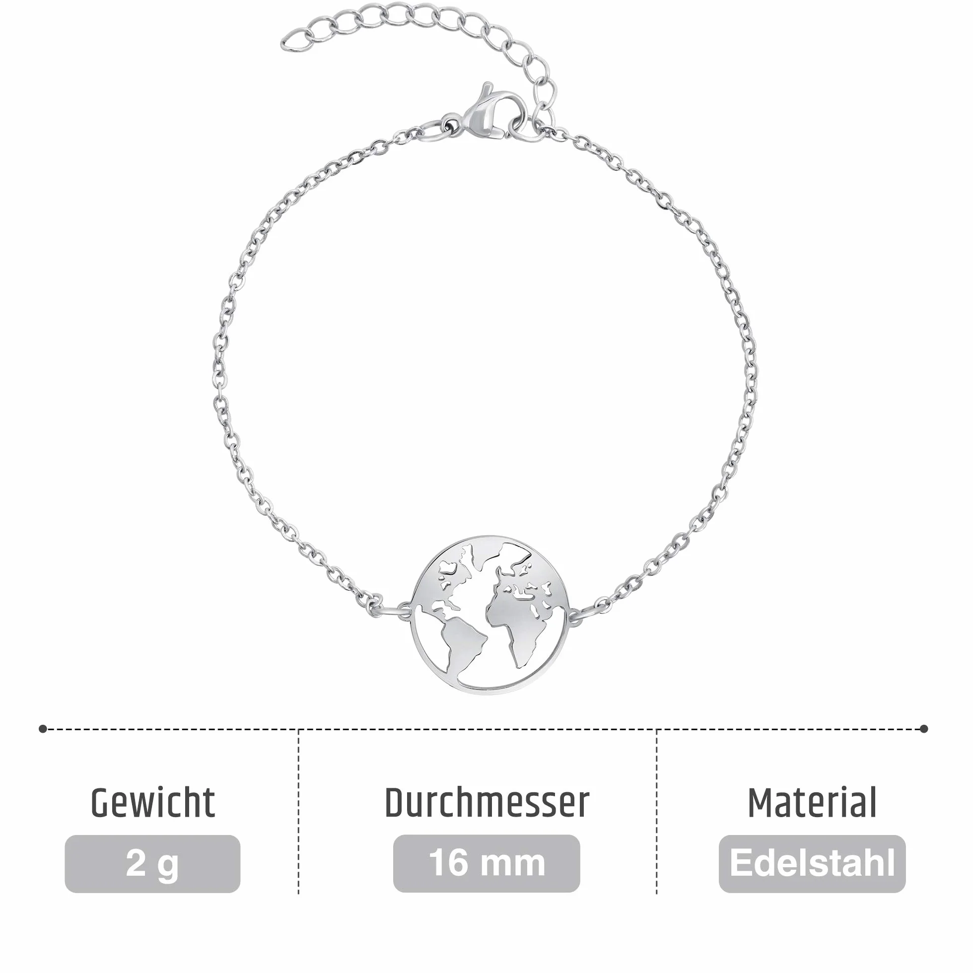 Nuoli® Bransoletka damska z zawieszką w kształcie kuli ziemskiej, 15 + 5 cm, z polerowanej stali nierdzewnej e stal szlachetna, colore: srebro, cod. NU109