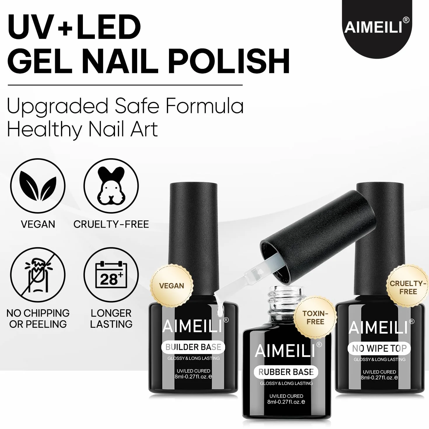 AIMEILI Builder Gel Nail Rubber Base Top Coat Półtrwały, 3 x 8 ml, 7 IN 1 Builder Gel Rubber Base i Top Coat Półtrwały UV LED Soak Off Set