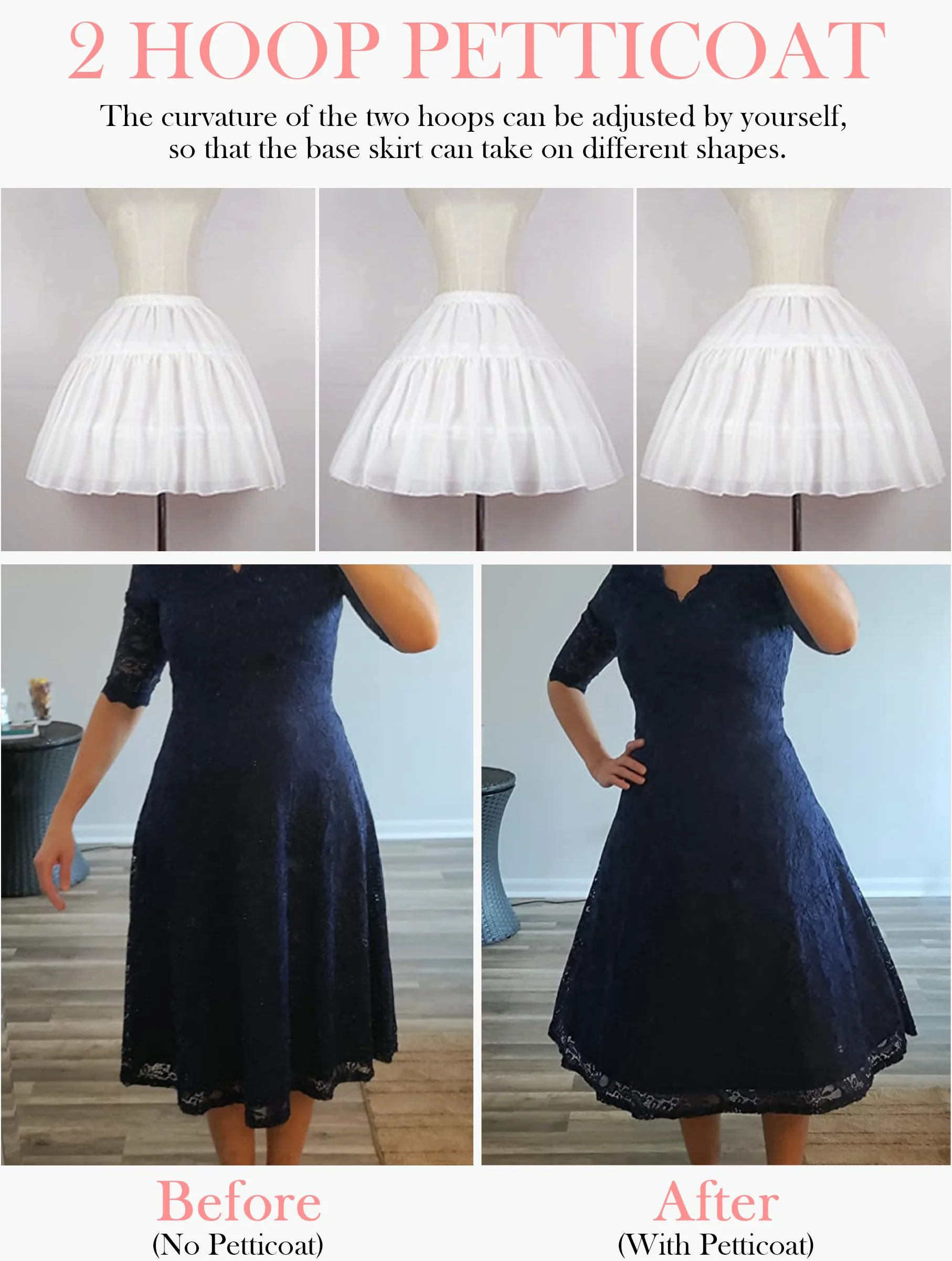 Vlazom Damska halka, linia A, półpoślizg, dwie obręcze, krynolina, halka, do sukni ślubnej, suknia balowa, cosplay, kostium na Halloween, S-3XL