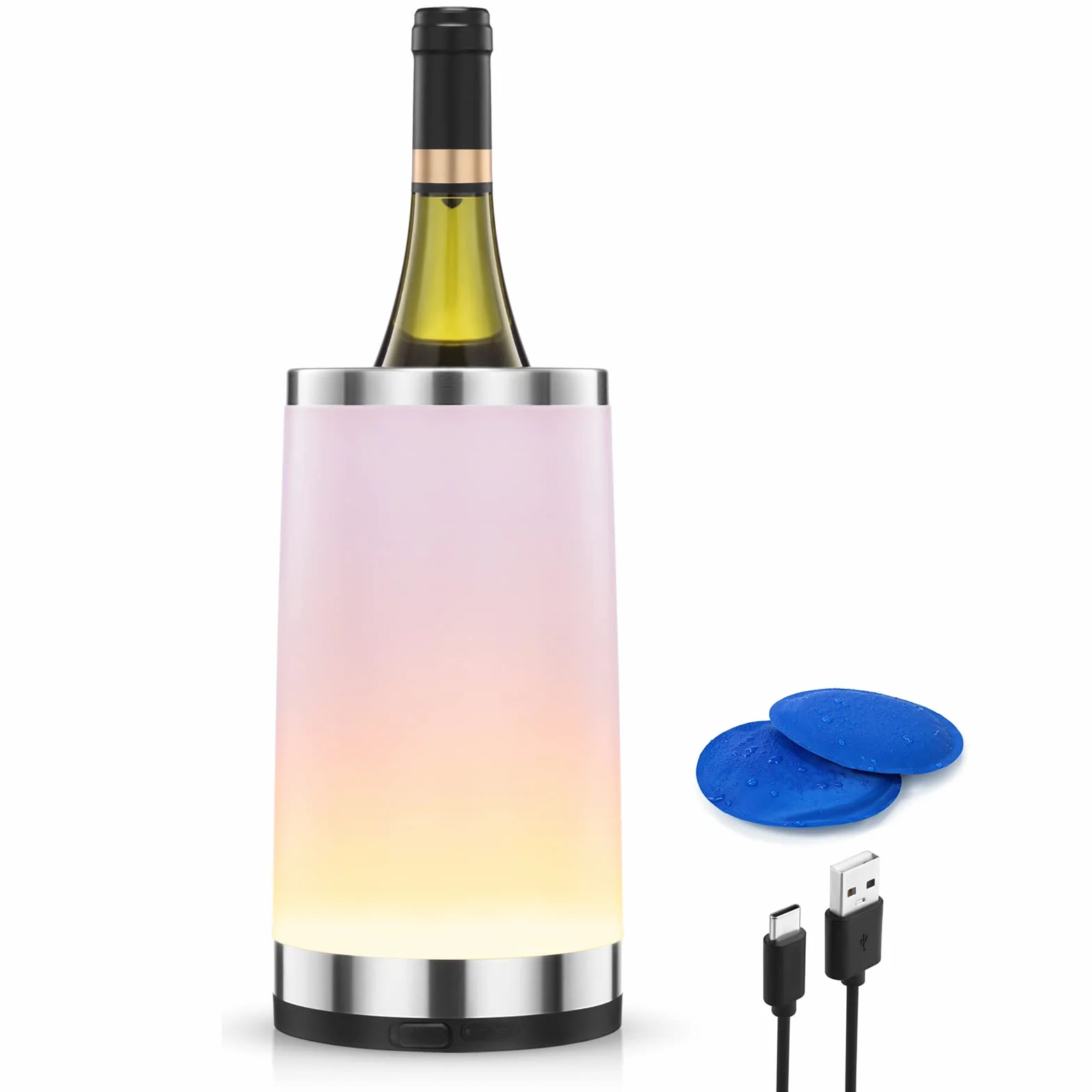 Chłodziarka do wina z lampą dotykową RGB do ponownego ładowania, chłodziarka do butelek z 2 wkładami chłodzącymi, 750 ml, idealny prezent do wina dla kobiet i mężczyzn