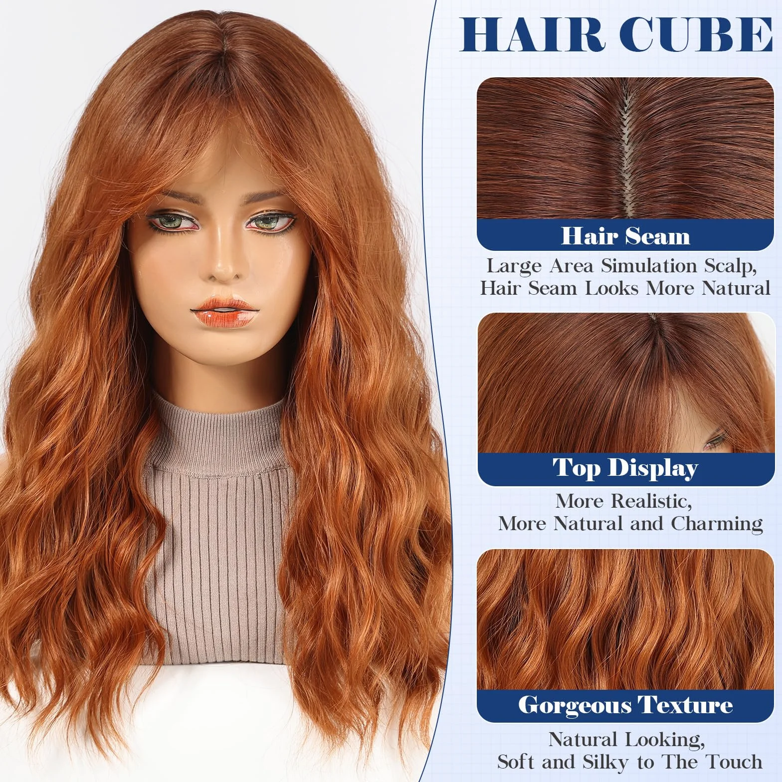 HAIRCUBE Peruka damska, długa peruka z kręconymi grzywkami, brązowe peruki dla kobiet, naturalne włosy syntetyczne 22 cali, odpowiednia na Halloween/imprezy/codzienne noszenie (Castano)