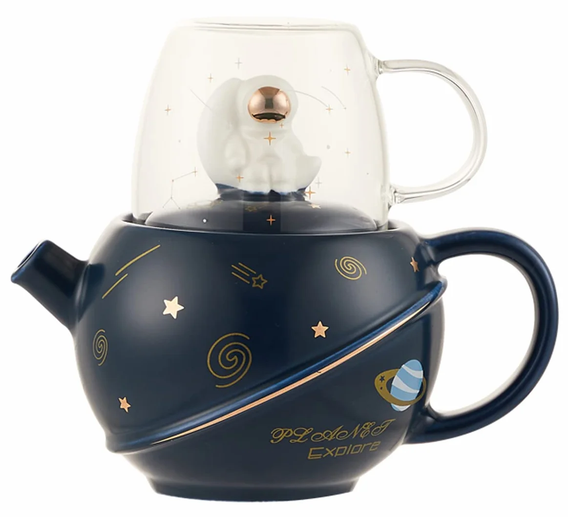 YBK Tech Kreatywna herbata z motywem astronauty, 410 ml ceramiczny czajniczek i szklany kubek 175 ml (niebieski)