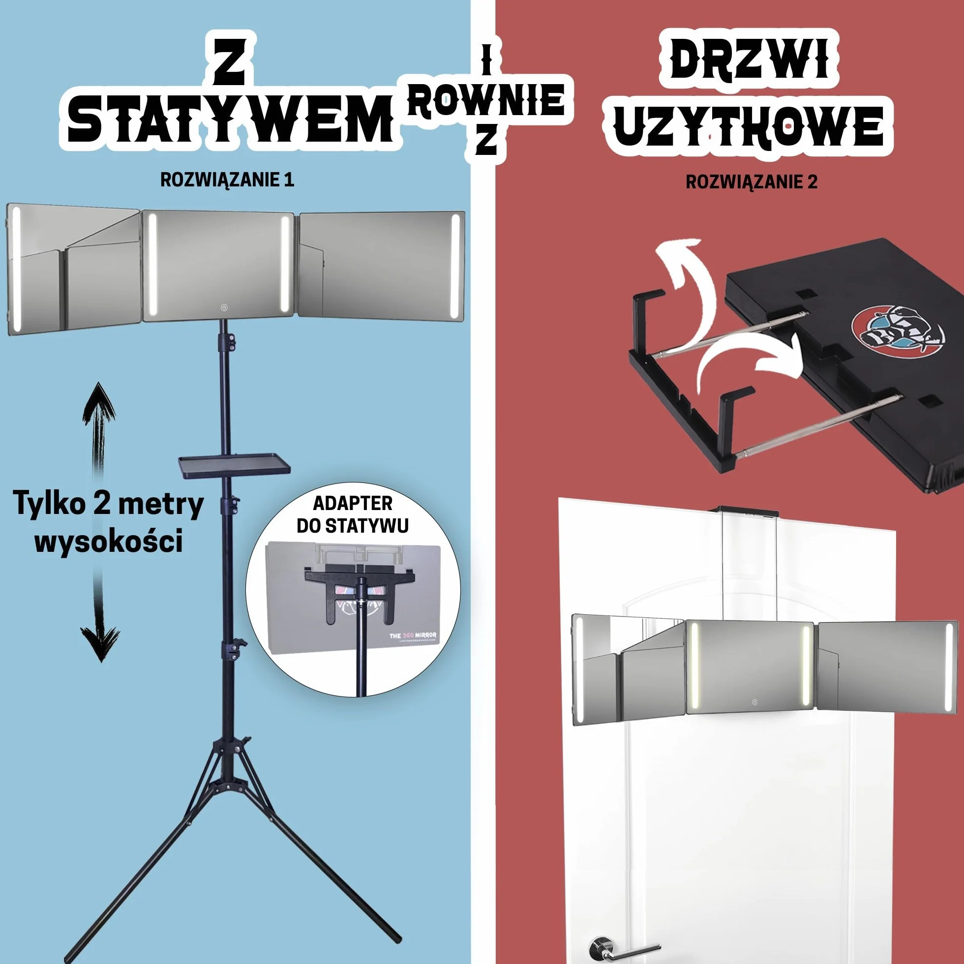 LIPFISBARBERSHOP.com Lustro 360° ze statywem, regulowanymi haczykami i tacką: 3-stronne przenośne składane lustro podróżne z 4 diodami LED, ładowaniem USB-C do strzyżenia, golenia, makijażu i toaletki