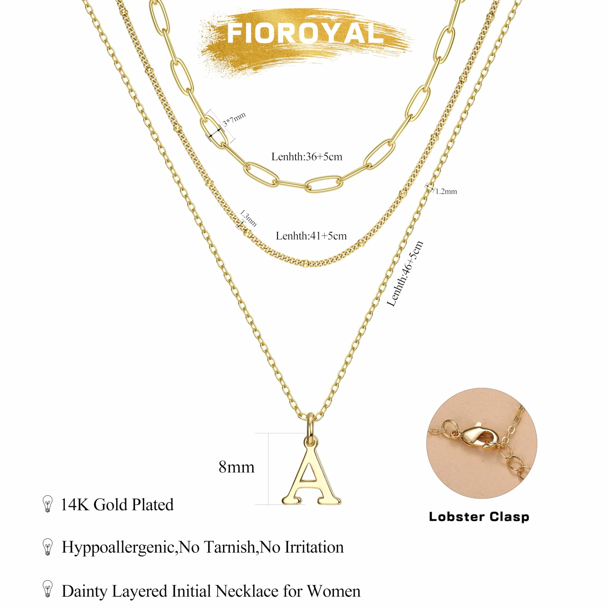 FIOROYAL Łańcuszek damski ze złotym łańcuszkiem z literami, pozłacany 14-karatowym złotem, inicjały, łańcuszek z literami, wisiorek A-Z, spersonalizowany łańcuszek dla nastolatek i dziewcząt