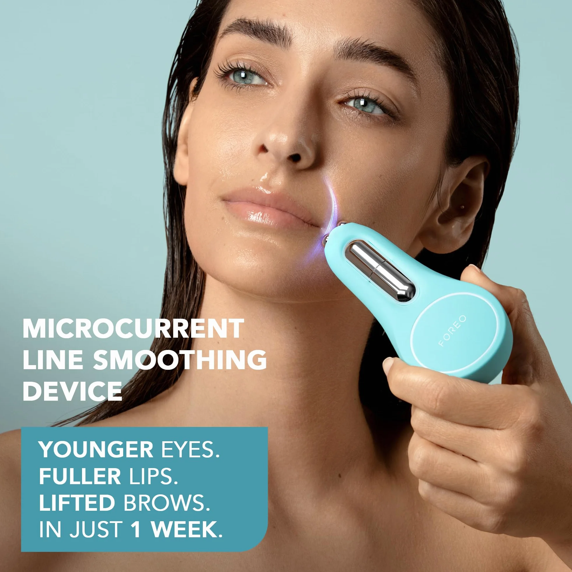 Foreo Bear 2 Eyes & Lips, mikroprądowe urządzenie przeciwzmarszczkowe, masażer oczu, podnoszenie brwi, powiększanie ust i cienie, niebieski Arctic Blue