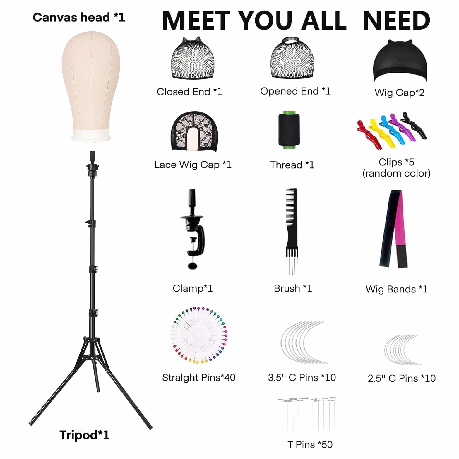Głowica peruki 58 cm (23") ze stojakiem 160 cm, płócienna peruka, głowa manekina, klamra do stołu, szpilki T i szczotka