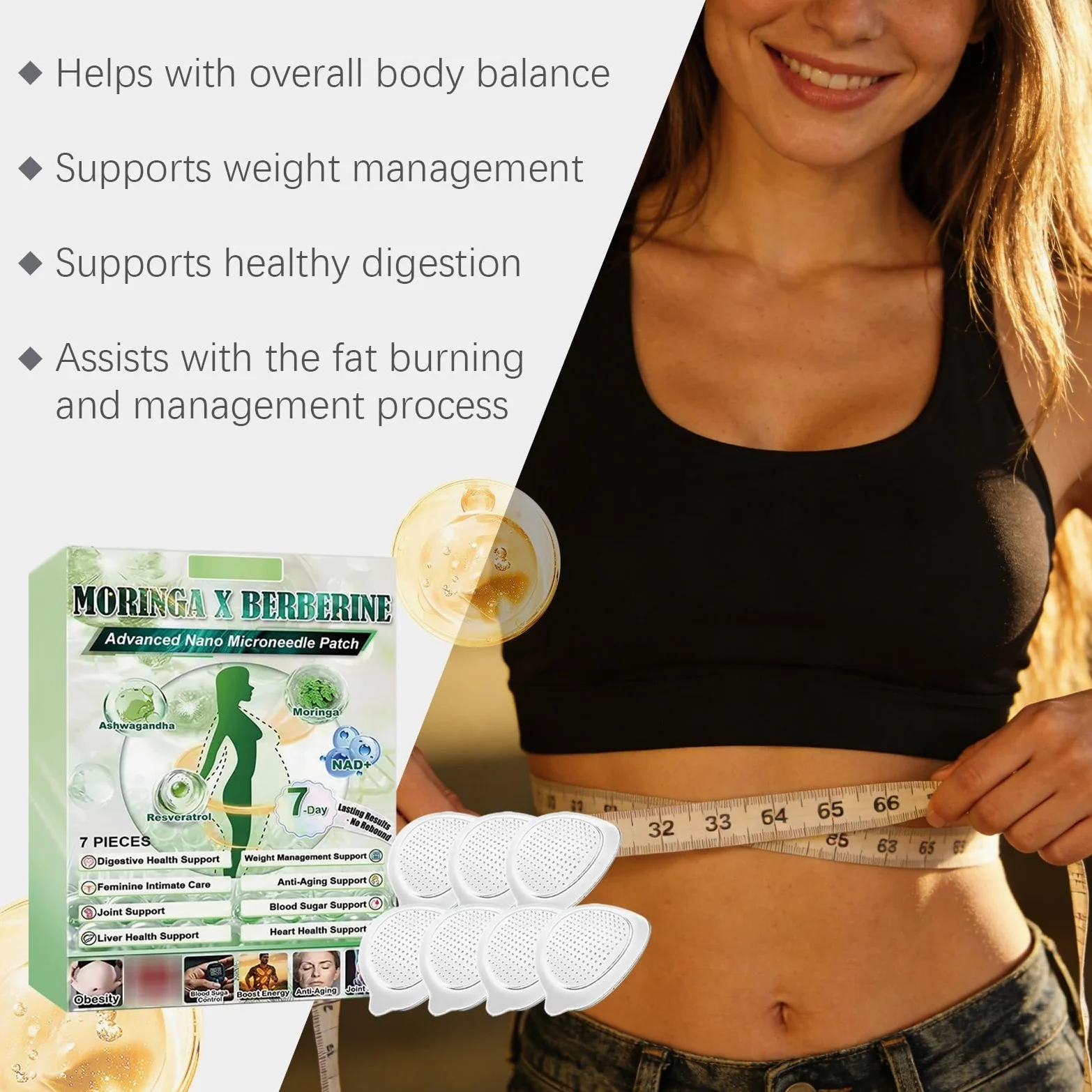 Plaster Moringa x Berberine 10 w 1, Nano Microneedle Odchudzająca naszywka, naturalne składniki, łatwa w aplikacji, niewidoczna pod ubraniem, idealna dla mężczyzn i kobiet
