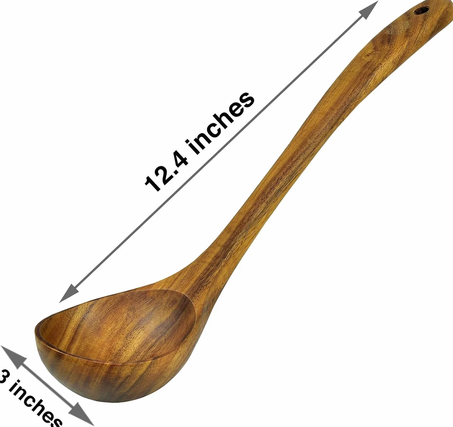 Drewniana chochla do gotowania, łyżka do zupy – drewniana łyżka do serwowania z drewna tekowego, uchwyt 12,4 cala, średni rozmiar miarki 56 ml - przyjazna dla środowiska, naturalna i zrównoważona