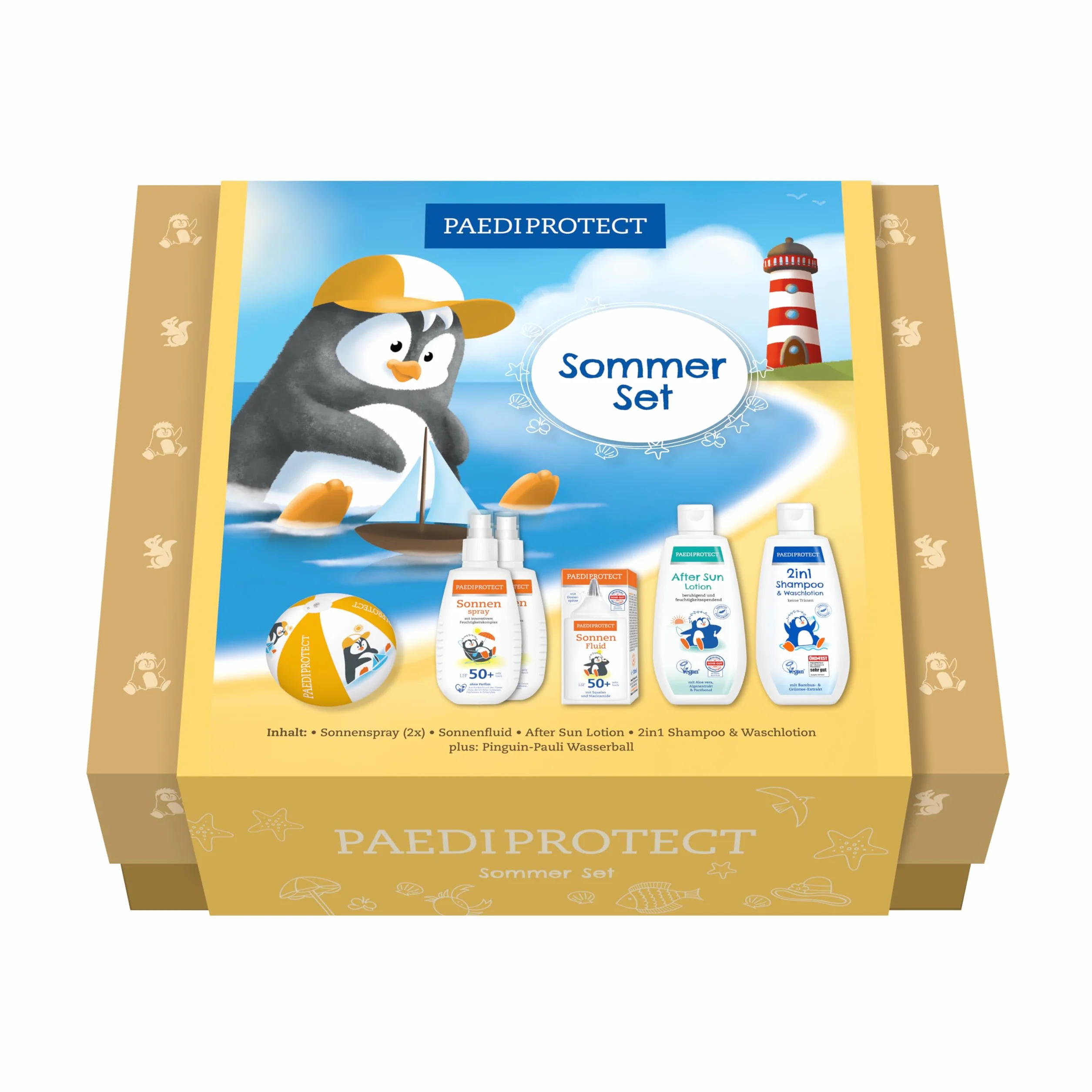 PAEDIPROTECT zestaw ochrony przeciwsłonecznej dla dzieci i niemowląt 2x krem do opalania 1x krem do twarzy 1x szampon 2w1 1x płyn do pielęgnacji 1x kula wodna