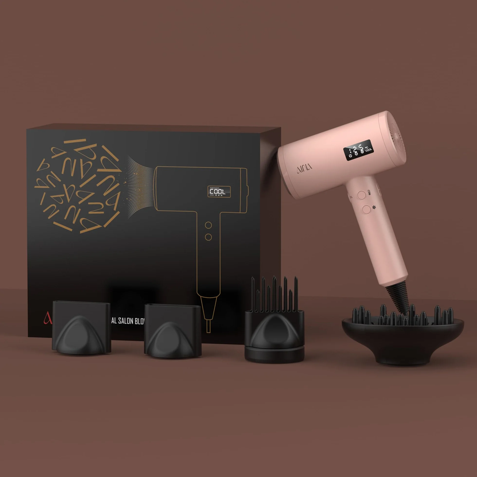 AINA Pro Salon Hair Dryer (New tech), 2200 W Blow Dryer z grzebieniem dyfuzora dla kobiet | BLDC Hair Dryer | bezszczotkowy silnik 150 000 obr./min | jonowa | wyświetlacz LED | 4 magnetyczne akcesoria