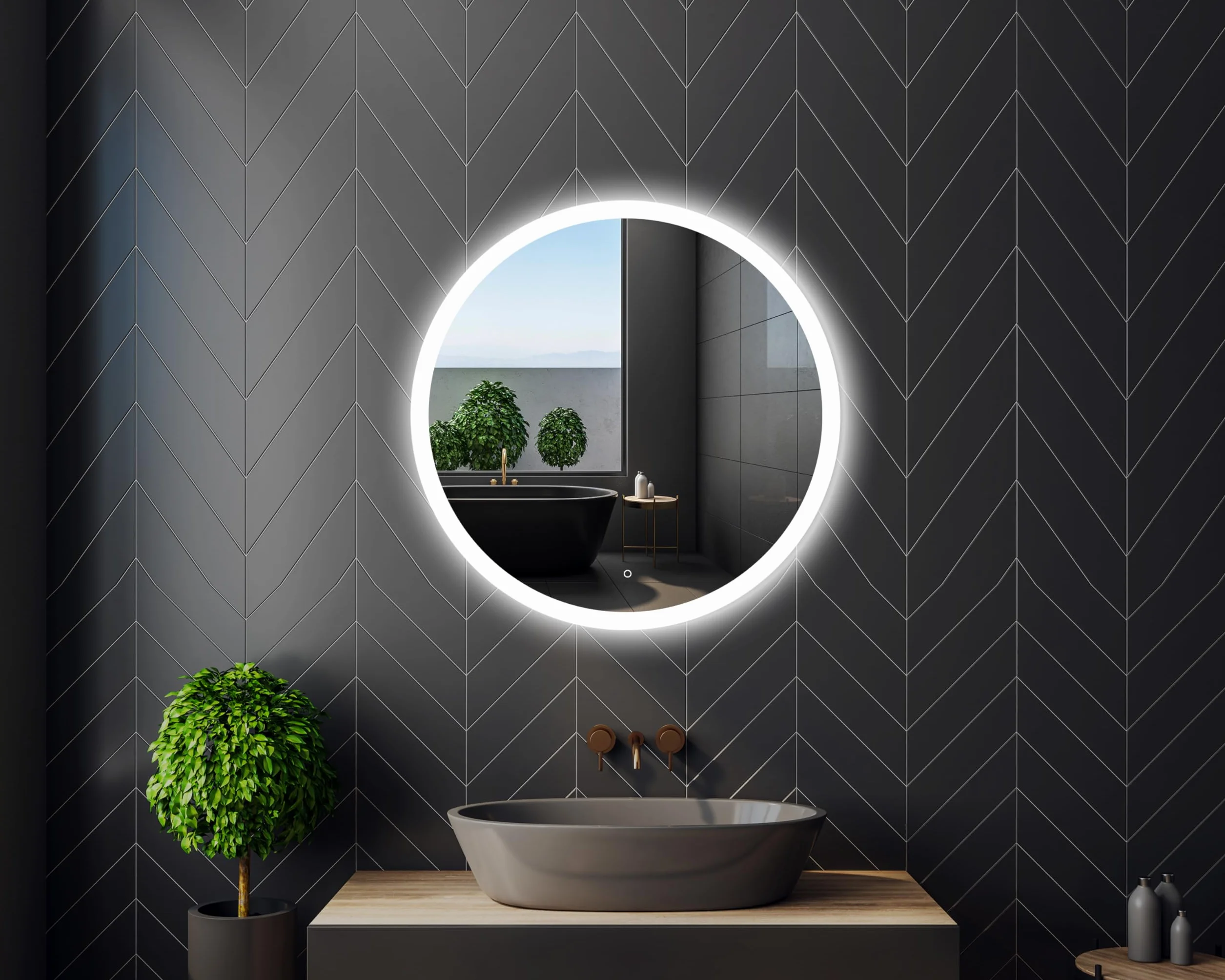 50 cm Okrągłe lustro łazienkowe z oświetleniem LED, Okrągłe lustro ścienne LED z włącznikiem, Lustro z naturalnym białym z światłem, Podświetlane z przodu
