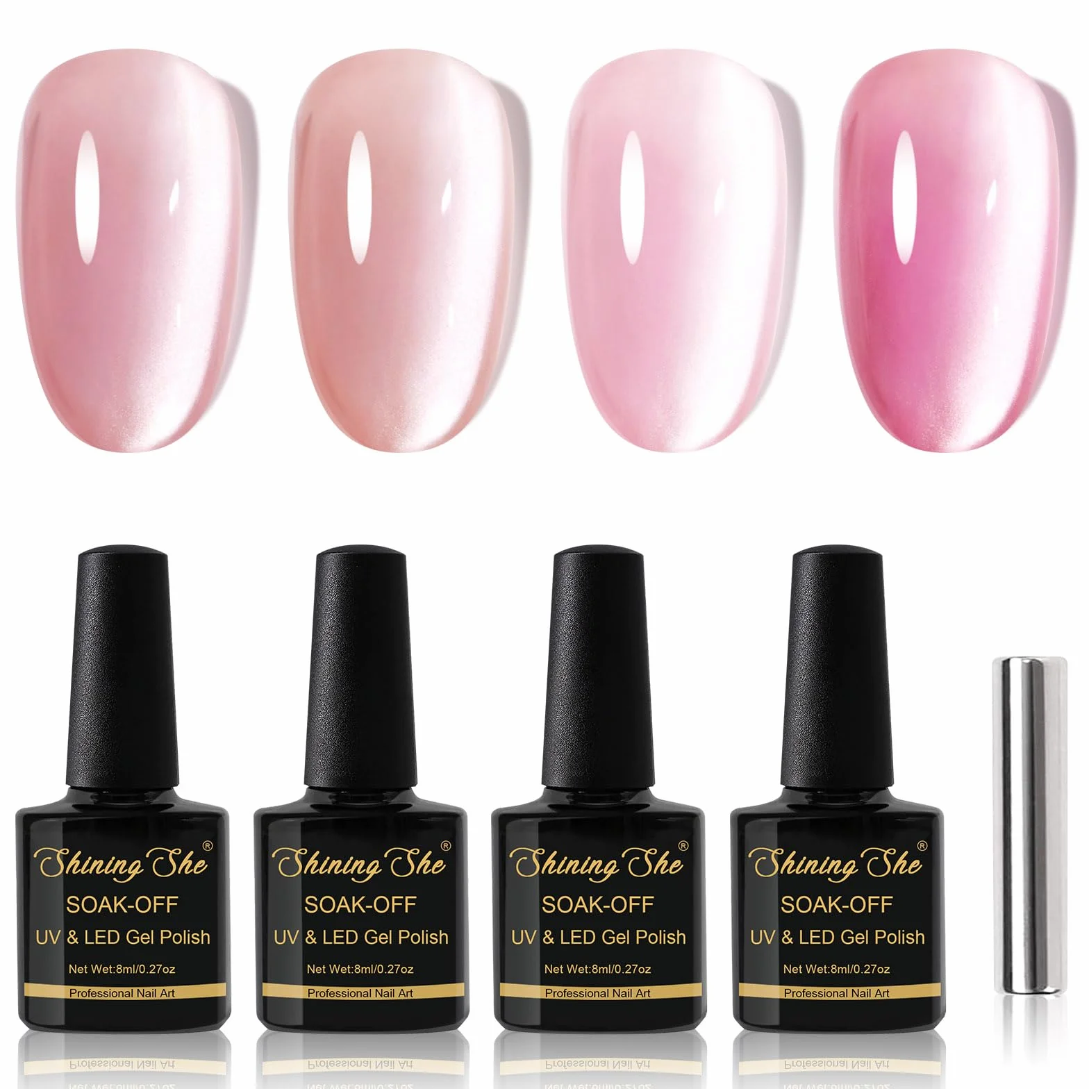 Shining She Półtrwały lakier magnetyczny, 4 odcienie bladego różu, holograficzny brokat kocie oko, z magnetycznym sztyftem, lakier UV/LED, lakier do paznokci, do salonu, domu DIY, 8 ml