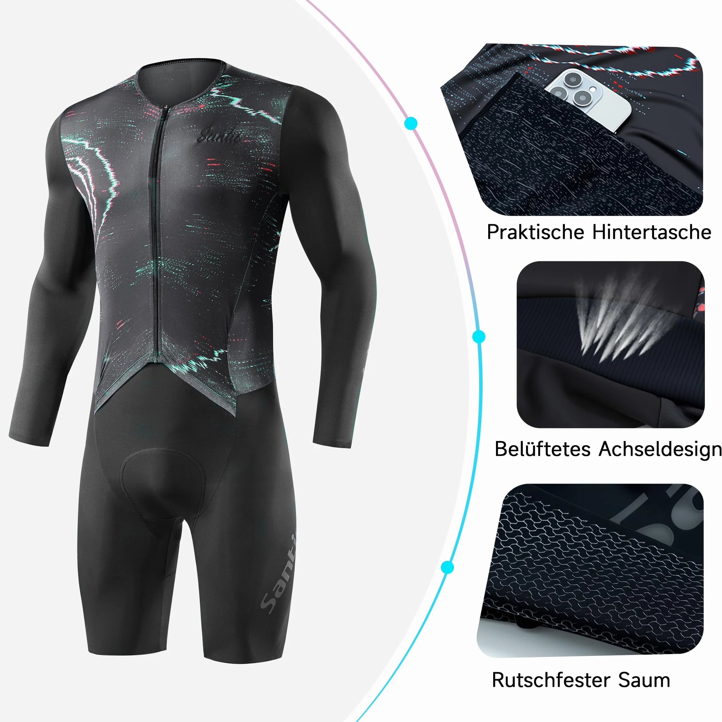 Santic Męski dres triatlonowy, jednoczęściowy, z długim rękawem, triatlon, z wyściółką, krótki kombinezon do triatlonu, wysoka elastyczność, wyszczuplający strój rowerowy