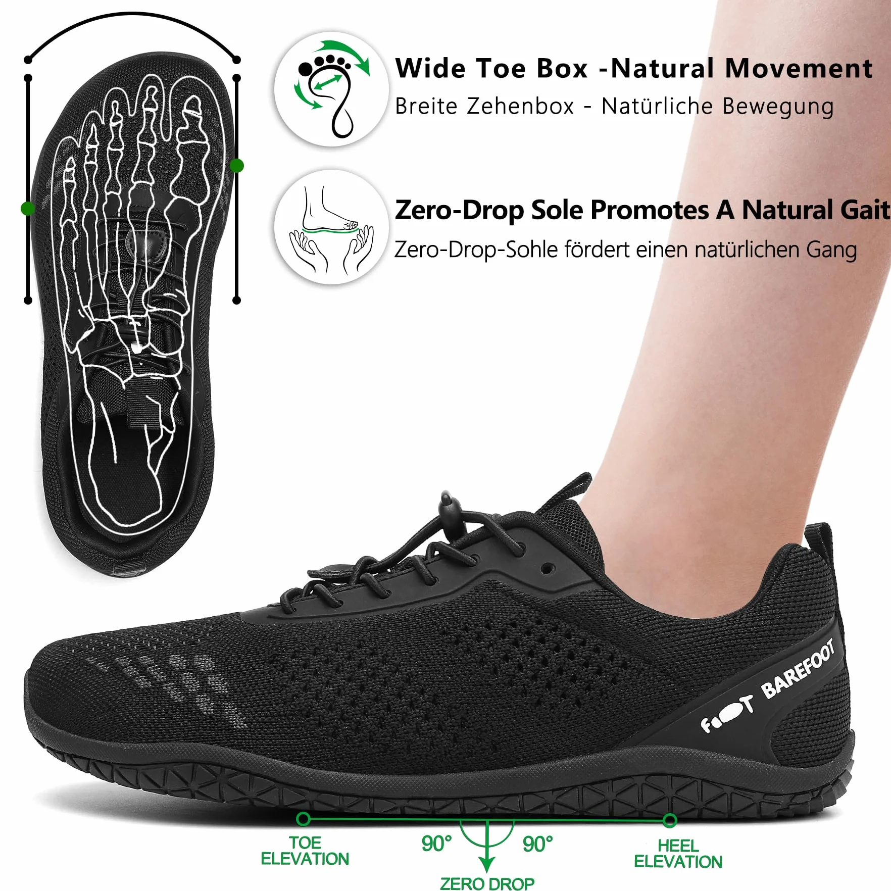 Geweo Buty Barefoot Męskie i Damskie Lekkie Wygodne Buty Sportowe Treningow z Szeroką Skrzynią na Palce Oddychające Buty do Biegania, do CrossFit i Fitness, Świeżym Powietrzu Sport Unisex Czarny 45EU