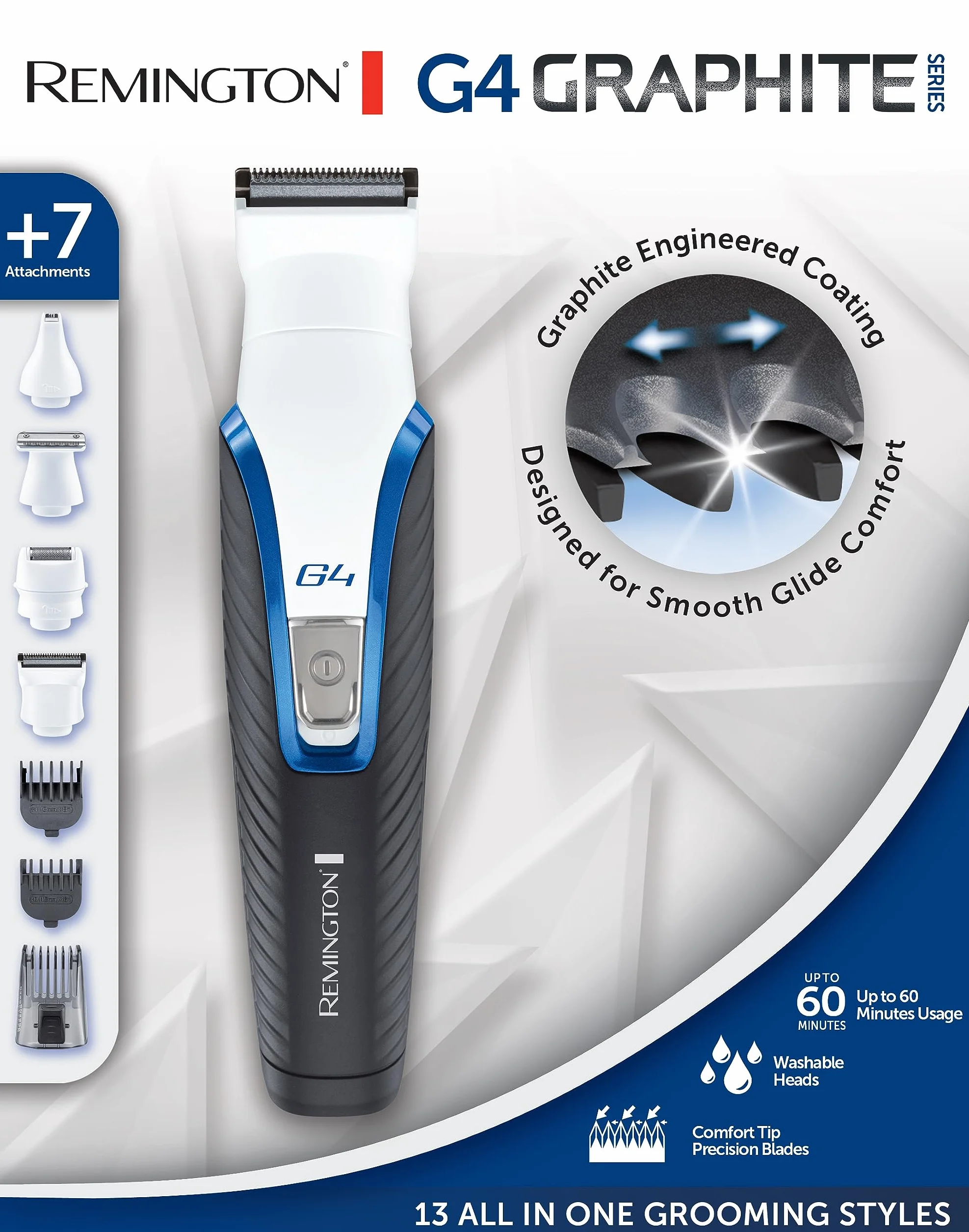 Remington trymer do brody i ciała, multigroomer, wielofunkcyjny 7w1, regulowany grzebień 2-20mm, 2x grzebienie 1.5mm i 3mm, trymer do nosa i uszu, trymer do ciała, nakładka foliowa, Graphite G4 PG4000