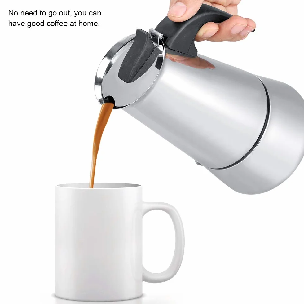 Ekspres do Moka ze Stali Nierdzewnej, Wygodny Dzbanek do Kawy w Domu, Oszczędzaj Czas na Pracowity Poranek Dzięki Szerokiemu Dnie, do Biura, 100-450ml (300ML)