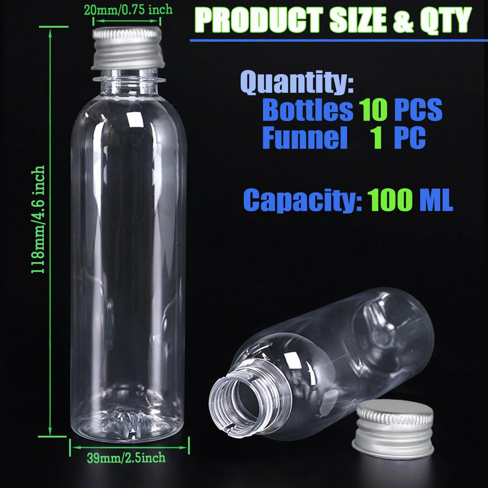 Mini butelki na alkohol 100 ml ze srebrnymi zakrętkami, pojemniki na sos wielokrotnego użytku, lejek w zestawie - na imprezy i wesela (100 ml)