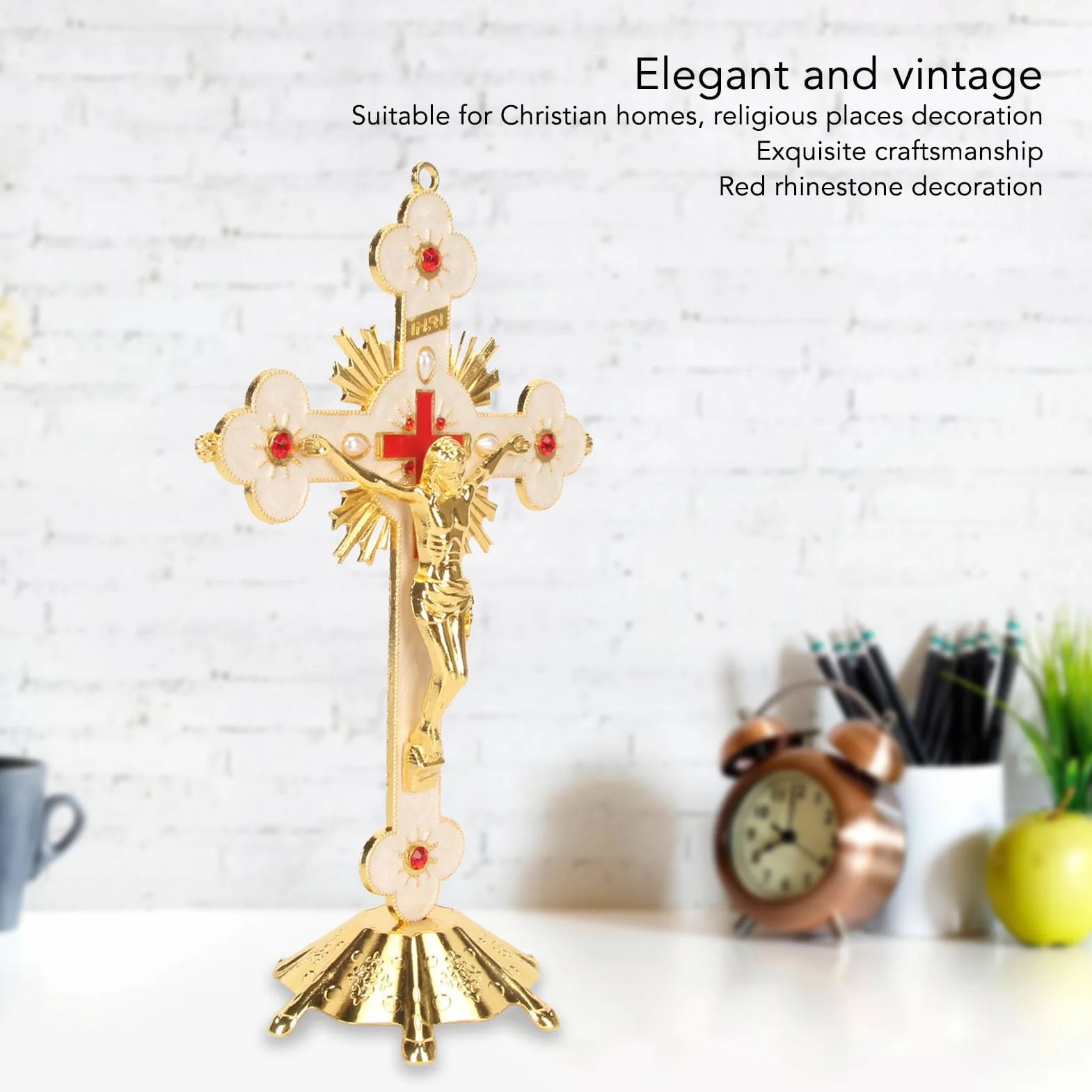 Fockety Stojący Krzyż Znakomity Metalowy Krzyż Stojący Elegancki Retro Retro Krzyż Krzyż Czerwony Rhinestone Dekoracji Z Podstawą Katolicki Krzyż Jezusa Długotrwały