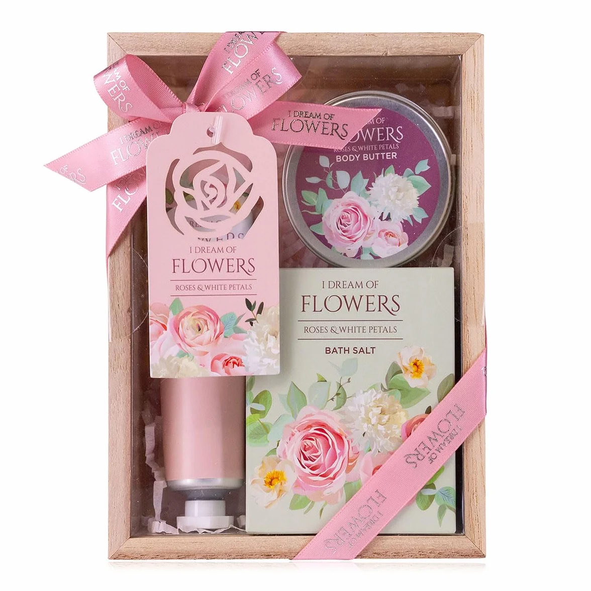 Accentra – Zestaw do kąpieli dla kobiet, zestaw upominkowy I DREAM OF FLOWERS w pięknym pudełku prezentowym – 3-częściowy zestaw do pielęgnacji z kremem do rąk, masłem do ciała i solą do kąpieli –