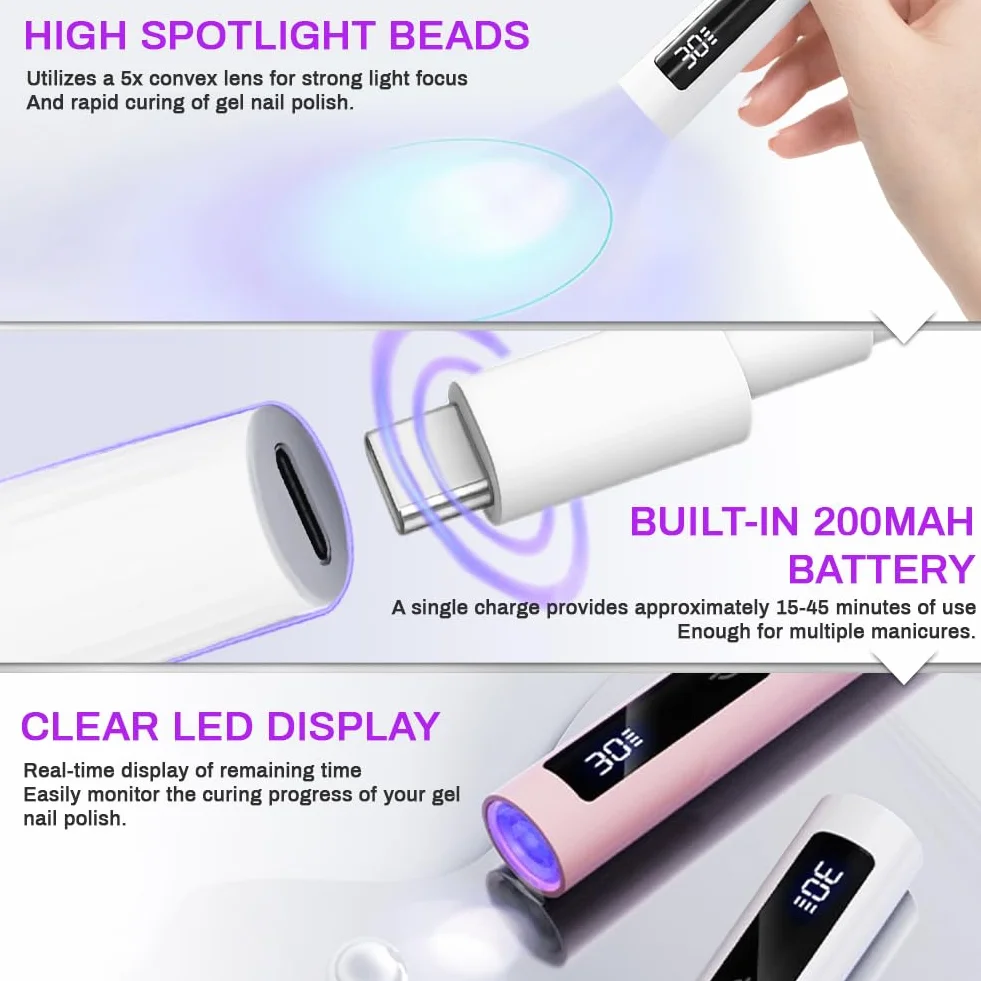 flintronic Mini lampa UV LED do paznokci, przenośna suszarka do paznokci z uchwytem timera 30/60, 3 W półtrwała lampa do paznokci, USB ładowalna, szybkoschnąca do manicure, DIY, domu i salonu-różowy