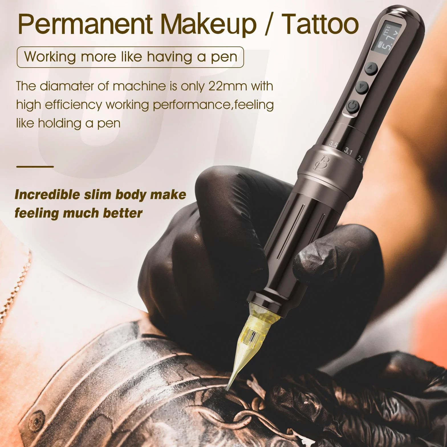 U1 bezprzewodowa maszyna do makijażu semi-permanentnego, sześciostopniowa regulacja, z 2 bateriami o pojemności 1000 mAh, wyświetlacz OLED ust i eyelineru w stylu semi-permanentnym (Kawa)