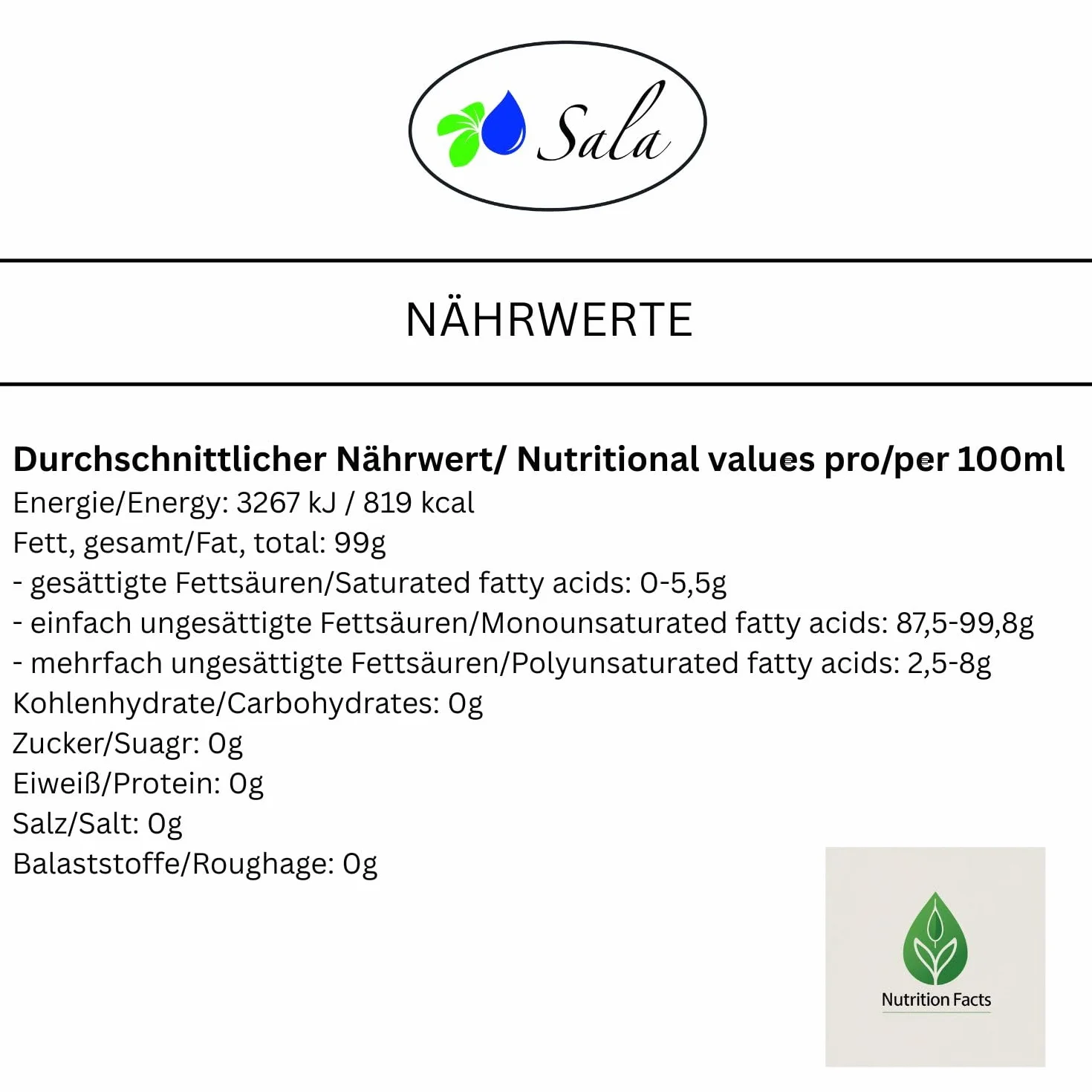 Sala Olej rycynowy tłoczony na zimno bio 1 l 1000 ml butelka szklana