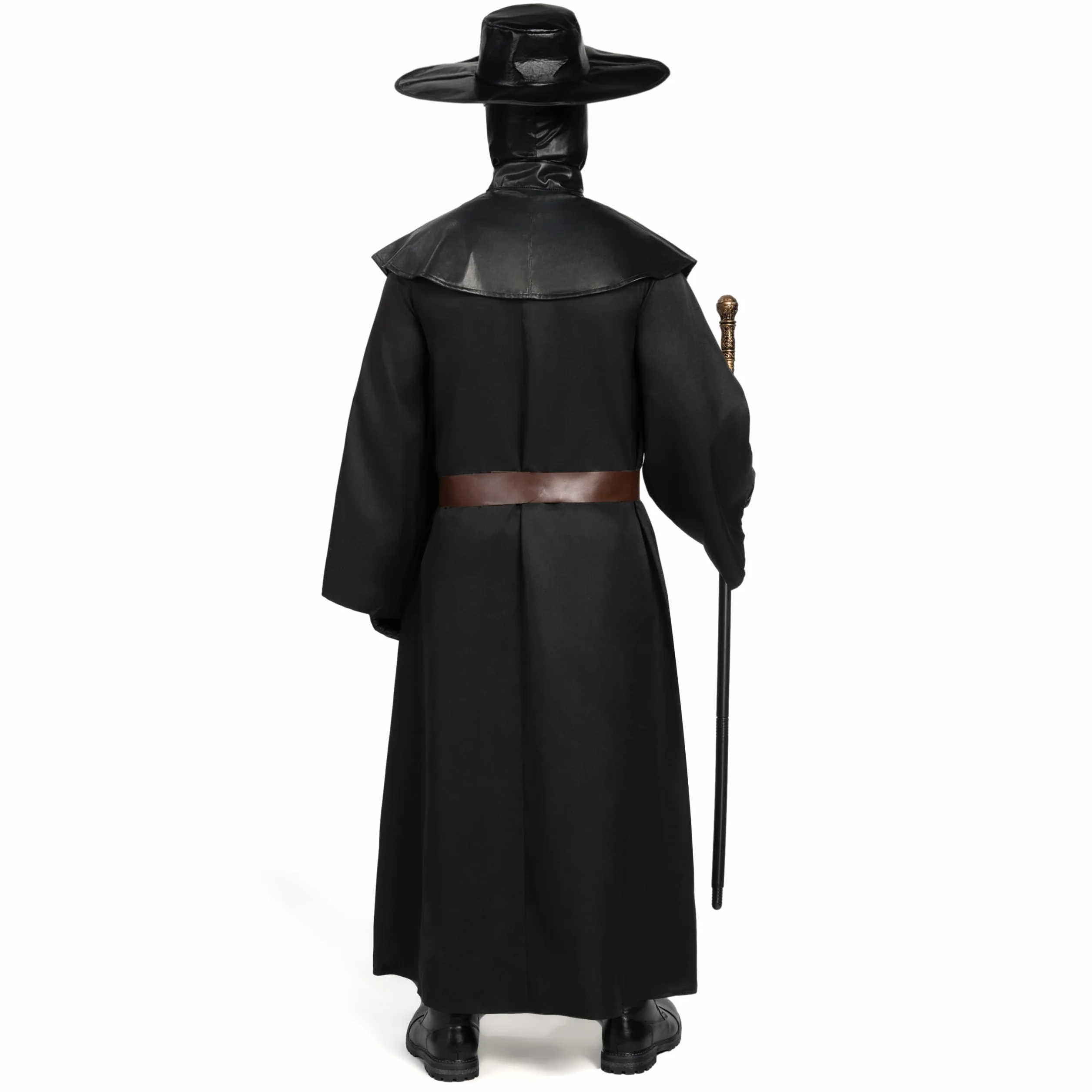 Spooktacular Creations Męski czarny kostium lekarza zarazy z kapeluszem, maską, szalem, szatą, rękawiczkami, paskiem, czosnkiem, berłem