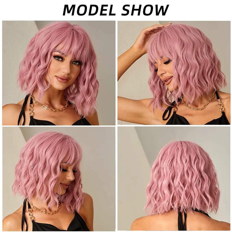 Esmee Krótkie Fale Różowe Peruki Bob z Grzywką do ramion Peruka Kręcone Faliste Syntetyczne Peruki Cosplay dla Kobiet-12 Cali