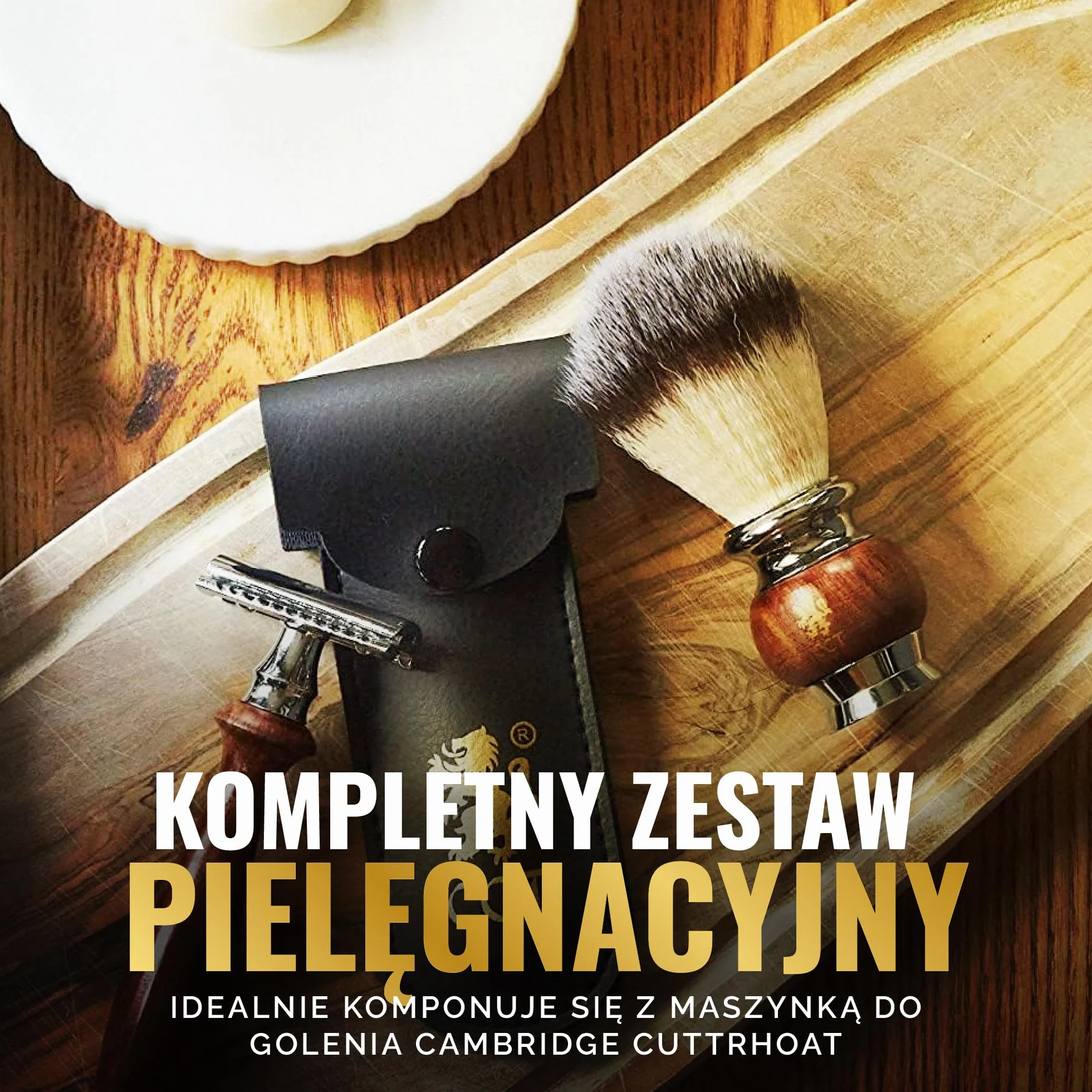 Luksusowy pędzel do golenia The Cambridge Cutthroat® z drewna Missanda i stali nierdzewnej dla mężczyzn, syntetycznym włosiem Silvertip, przyjaznym weganom, imitującym włosie borsuka