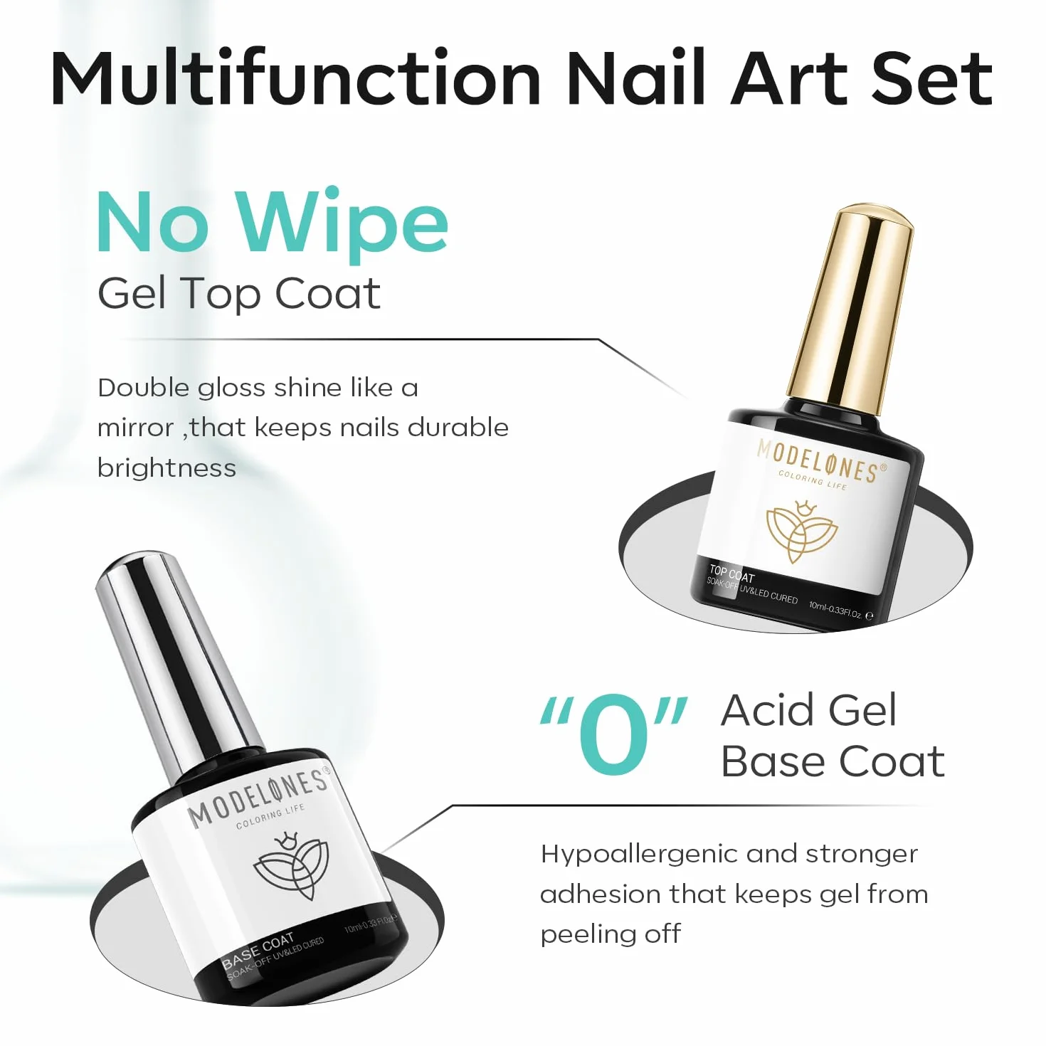 Modelones Base i Top Coat Zestaw z Podkładem do Paznokci Żelowych, Odwadniacz 10 ml
