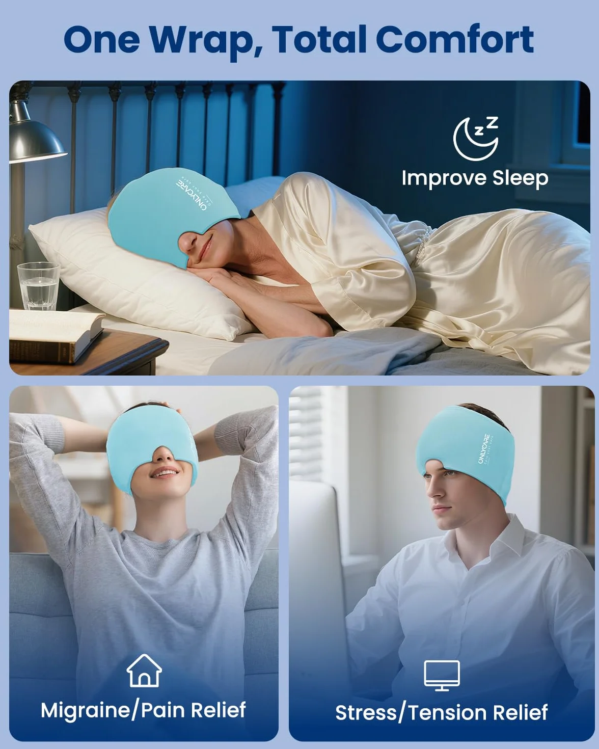 ONLYCARE Maska na migrenę, czapka chłodząca, czapka chłodząca, na bóle głowy, migreny, nakładka chłodząca, żel chłodzący, łagodzi migrenę (jasnoniebieska)