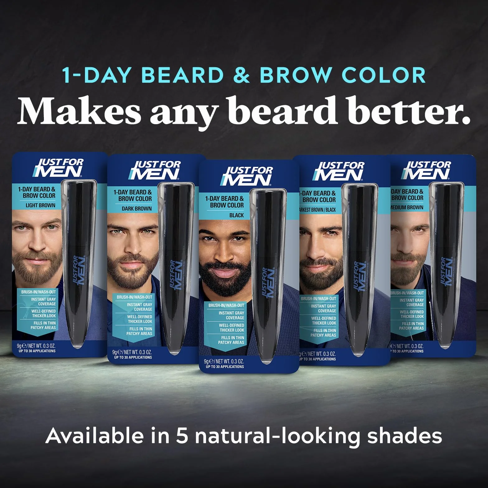 Just For Men Pędzel do brwi i brwi w ciągu 1 dnia do natychmiastowego zakrycia siwych włosów, pędzel, mycie, dla grubszego i dobrze zdefiniowanego wyglądu, prawdziwa czerń