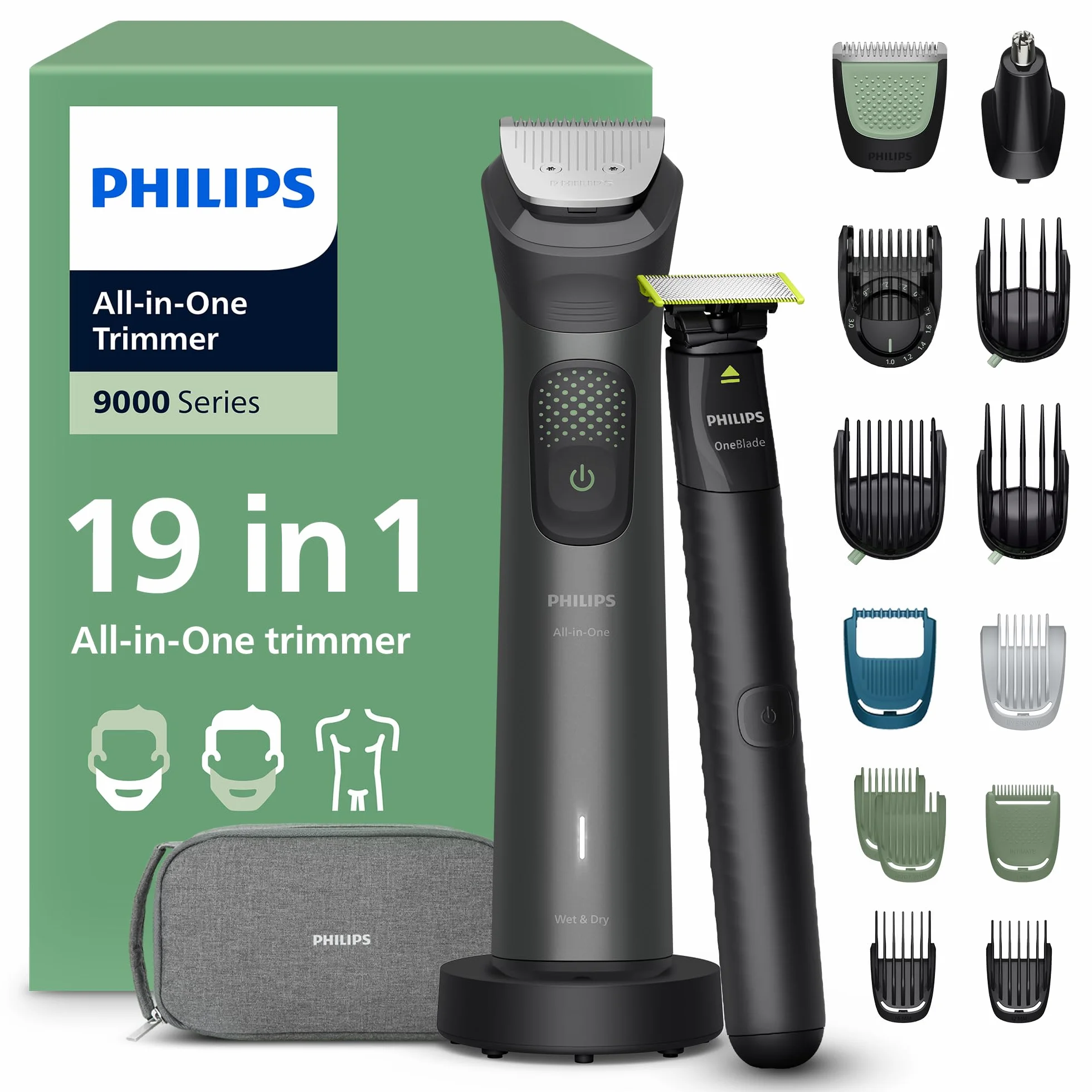19-elementowy Philips Multigroom All-in-One z serii 9000: kompleksowy zestaw do pielęgnacji twarzy, głowy i ciała, dodatkowy trymer OneBlade, 27 ustawień długości (0,2-20 mm), model MG9556/15