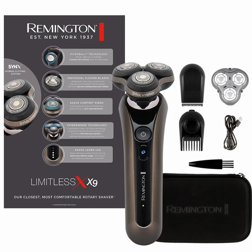 Remington X9 Limitless X Golarka elektryczna dla mężczyzn z hybrydowym systemem tnącym SynX, rotacyjna, na mokro i na sucho, trymer, bezprzewodowa, 360° PivotBall, technologia Shave-Learn LED, XR1795