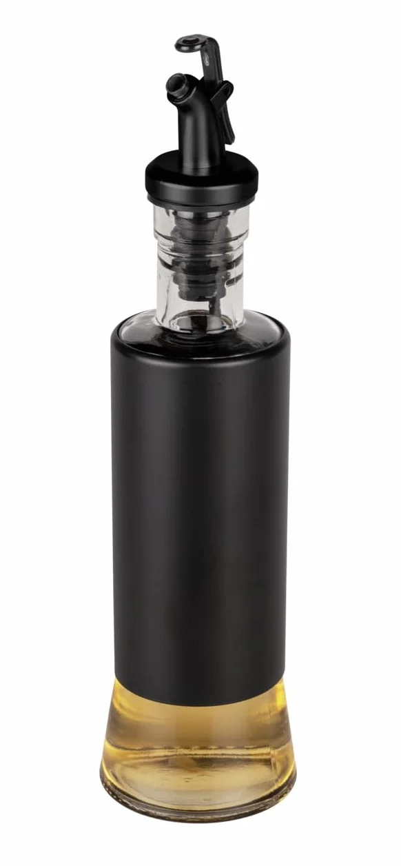 WENKO Dozownik oleju i octu Boga, 300 ml, wylewka z zamknięciem na 1 kliknięcie, do precyzyjnego dozowania, szklana butelka z osłoną ze stali nierdzewnej i pokrywką z tworzywa sztucznego, Ø 6 x 25 cm, przezroczysty/czarny